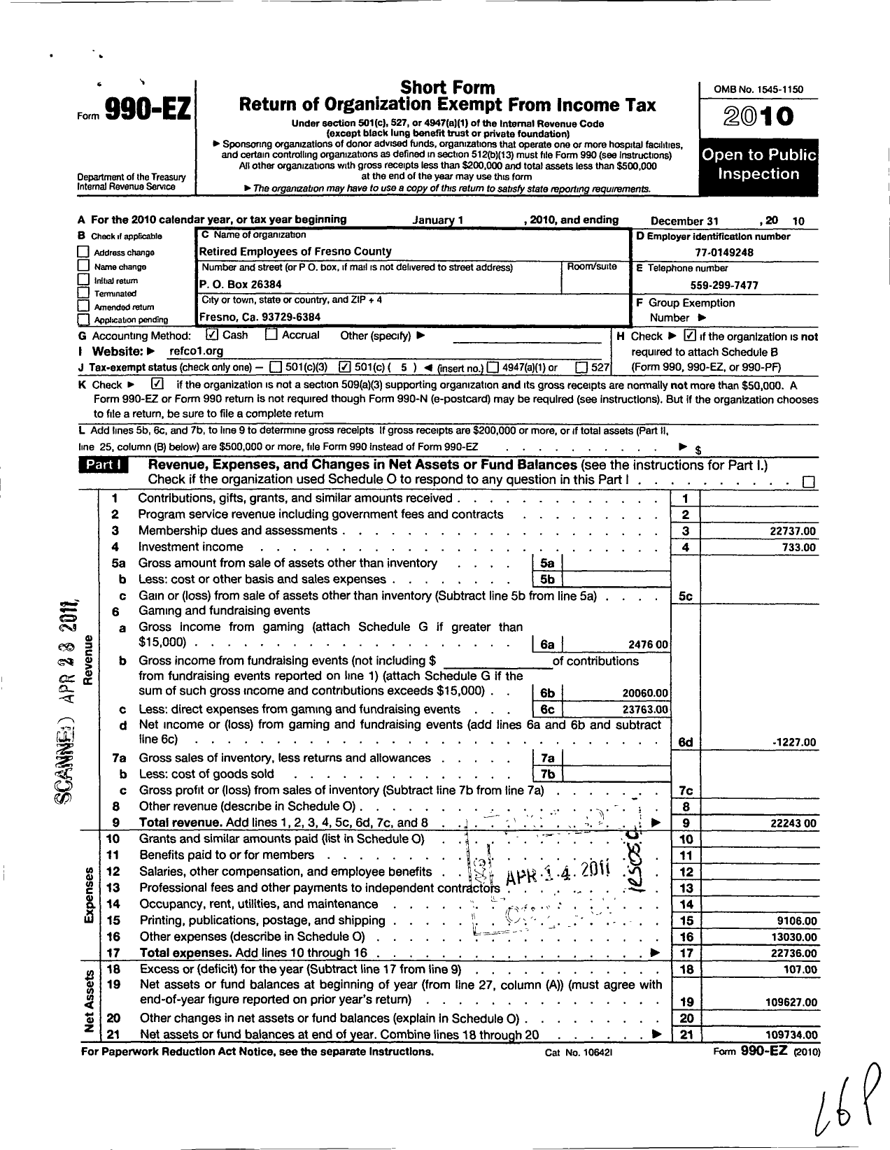 Image of first page of 2010 Form 990EO for Retired Employees of Fresno County (REFCO)