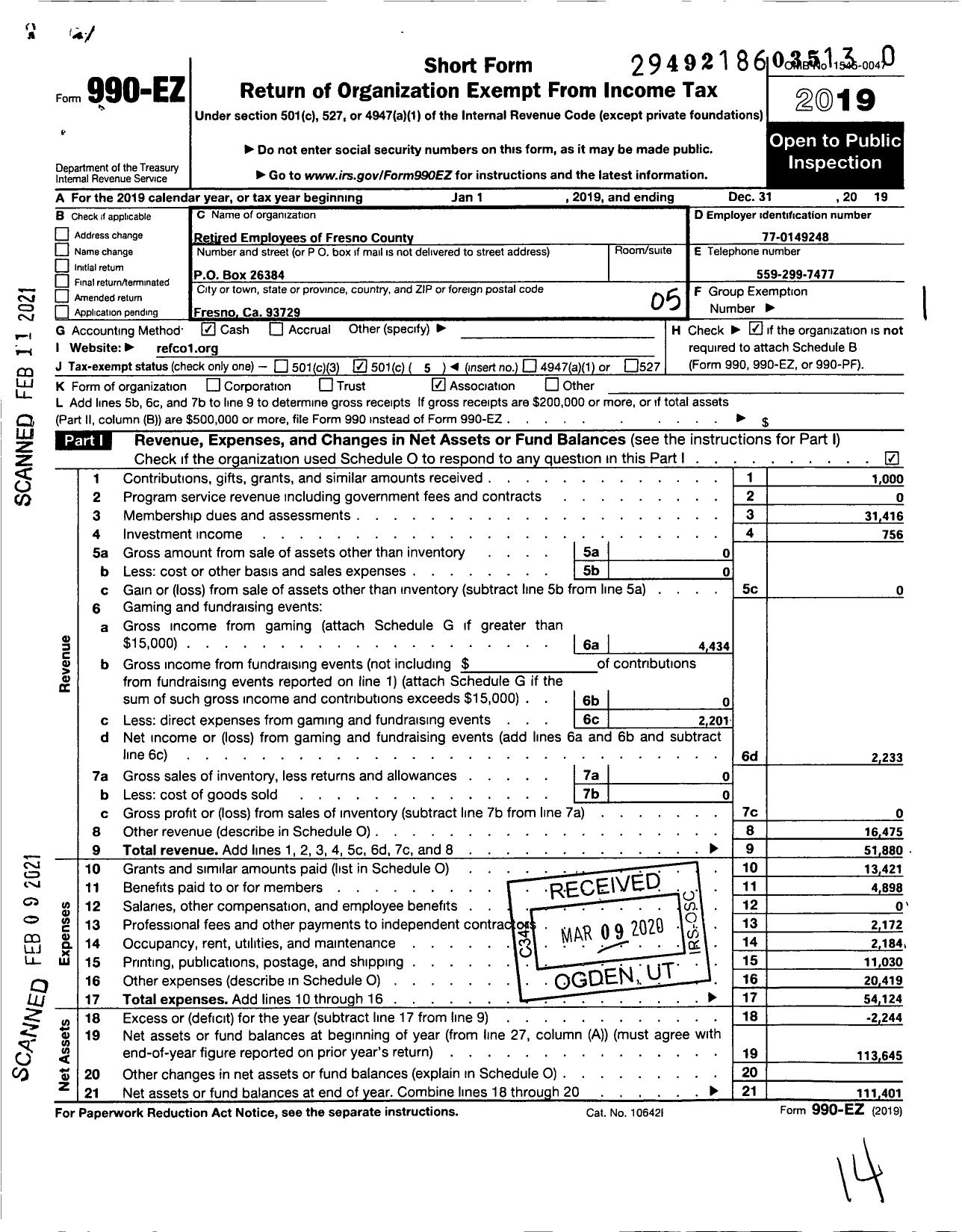 Image of first page of 2019 Form 990O for Retired Employees of Fresno County (REFCO)