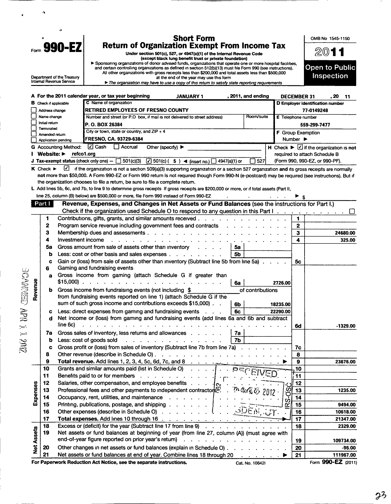 Image of first page of 2011 Form 990EO for Retired Employees of Fresno County (REFCO)