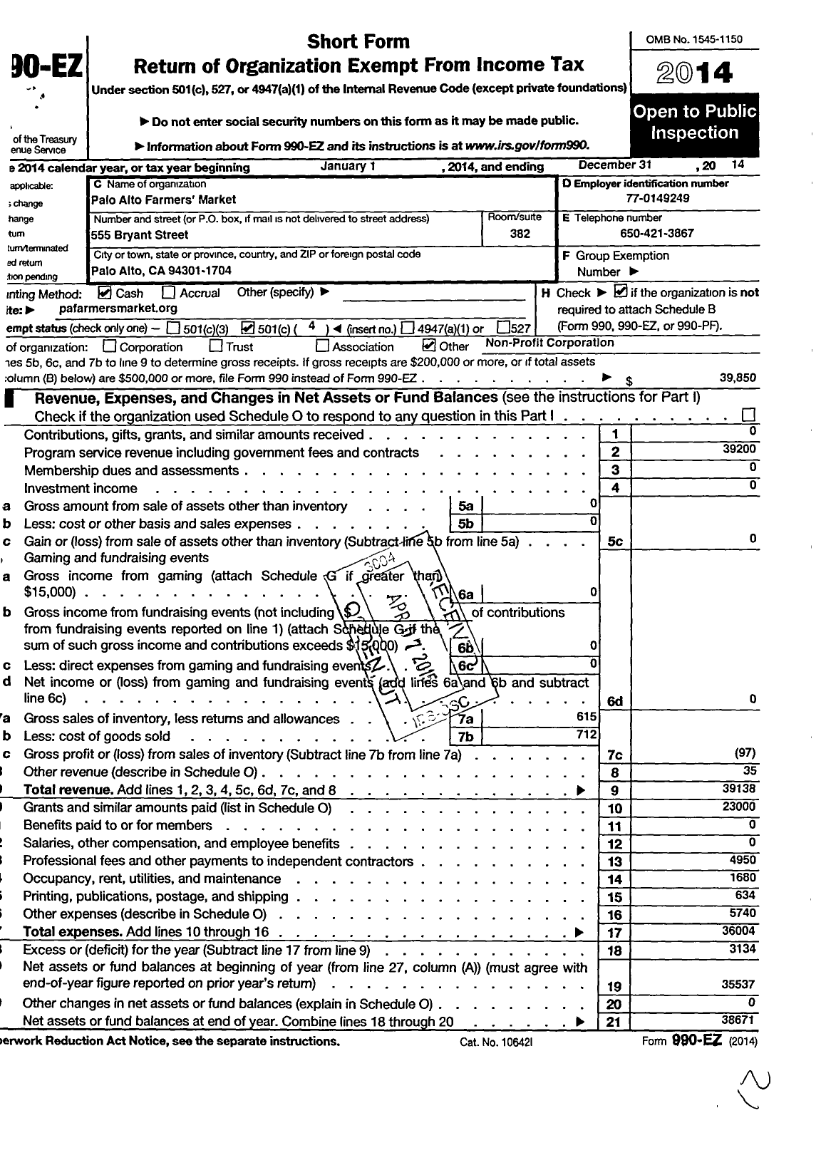 Image of first page of 2014 Form 990EO for Palo Alto Farmers Market