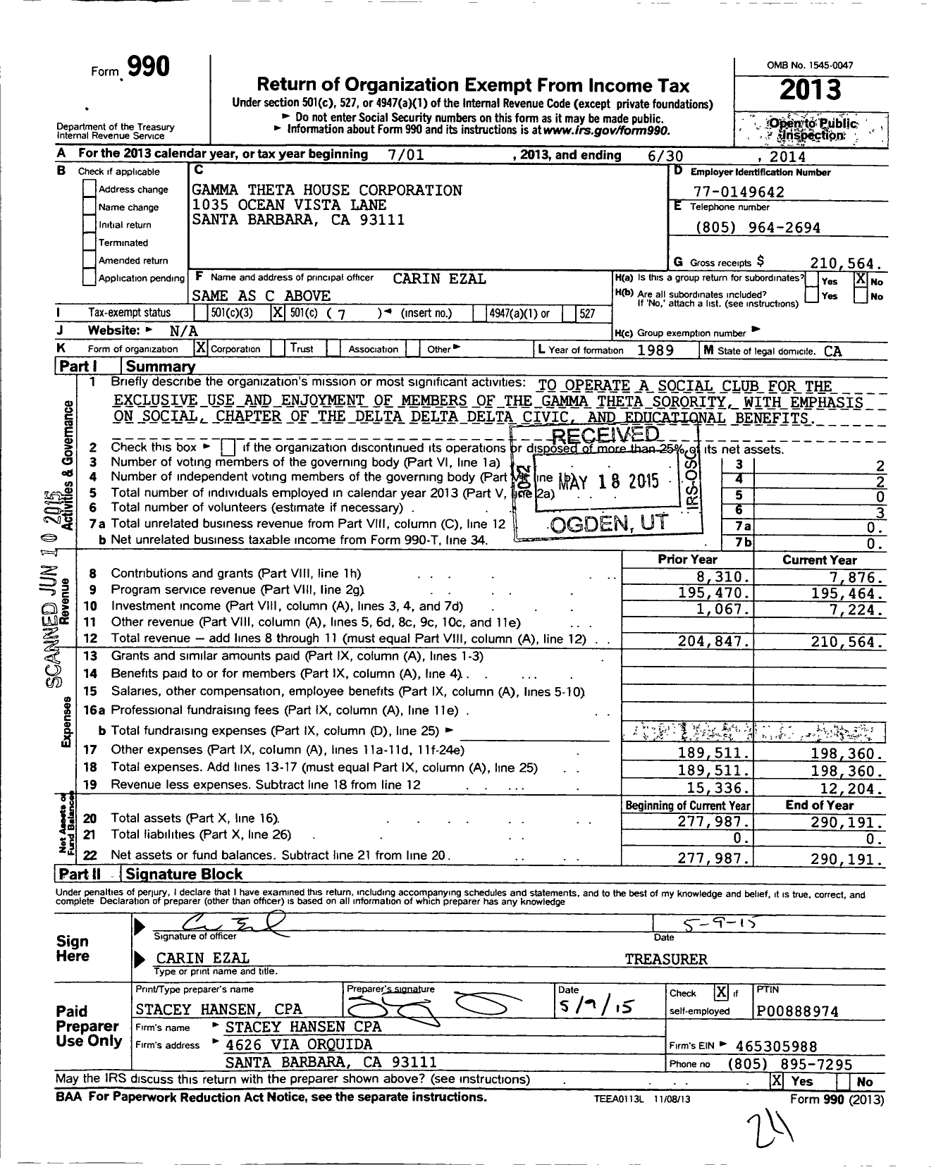 Image of first page of 2013 Form 990O for Gamma Theta House Corporation