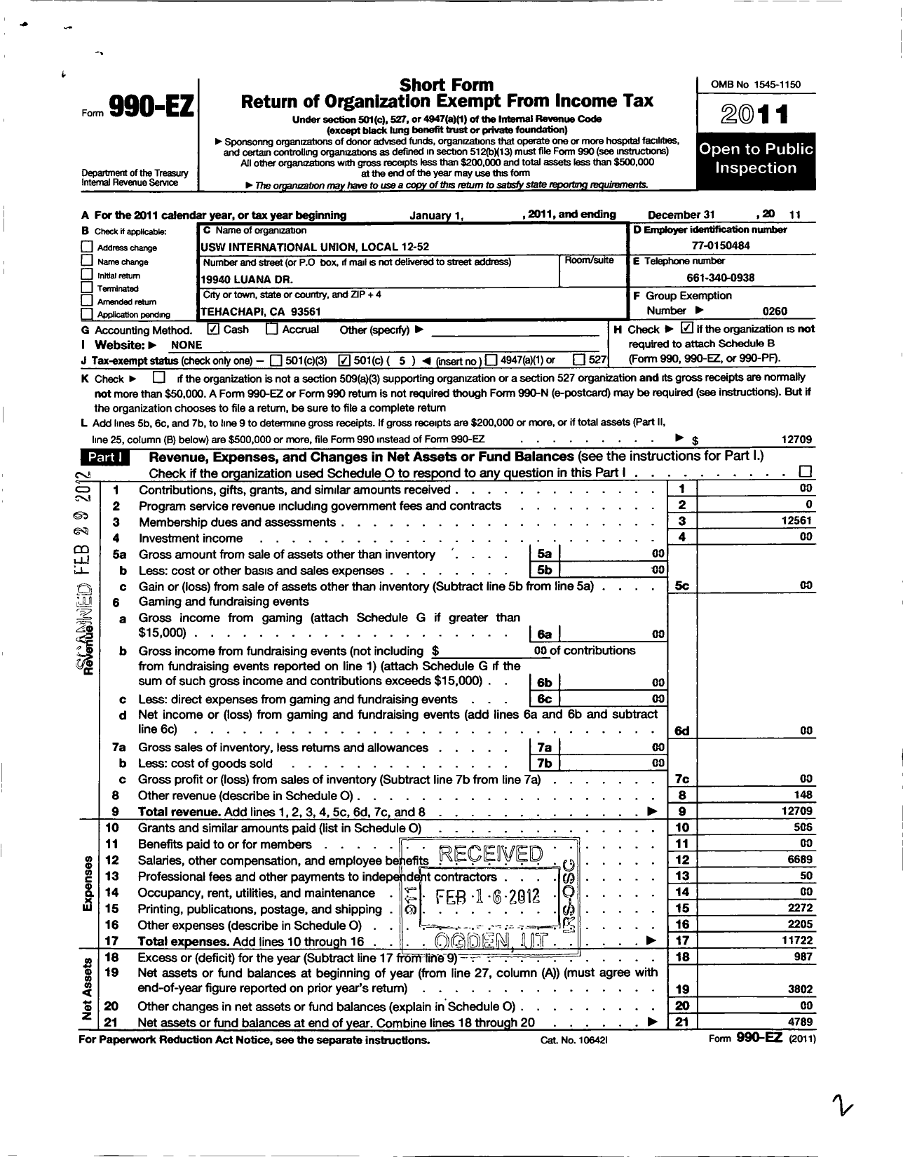 Image of first page of 2011 Form 990EO for United Steelworkers - 12-00052 Local