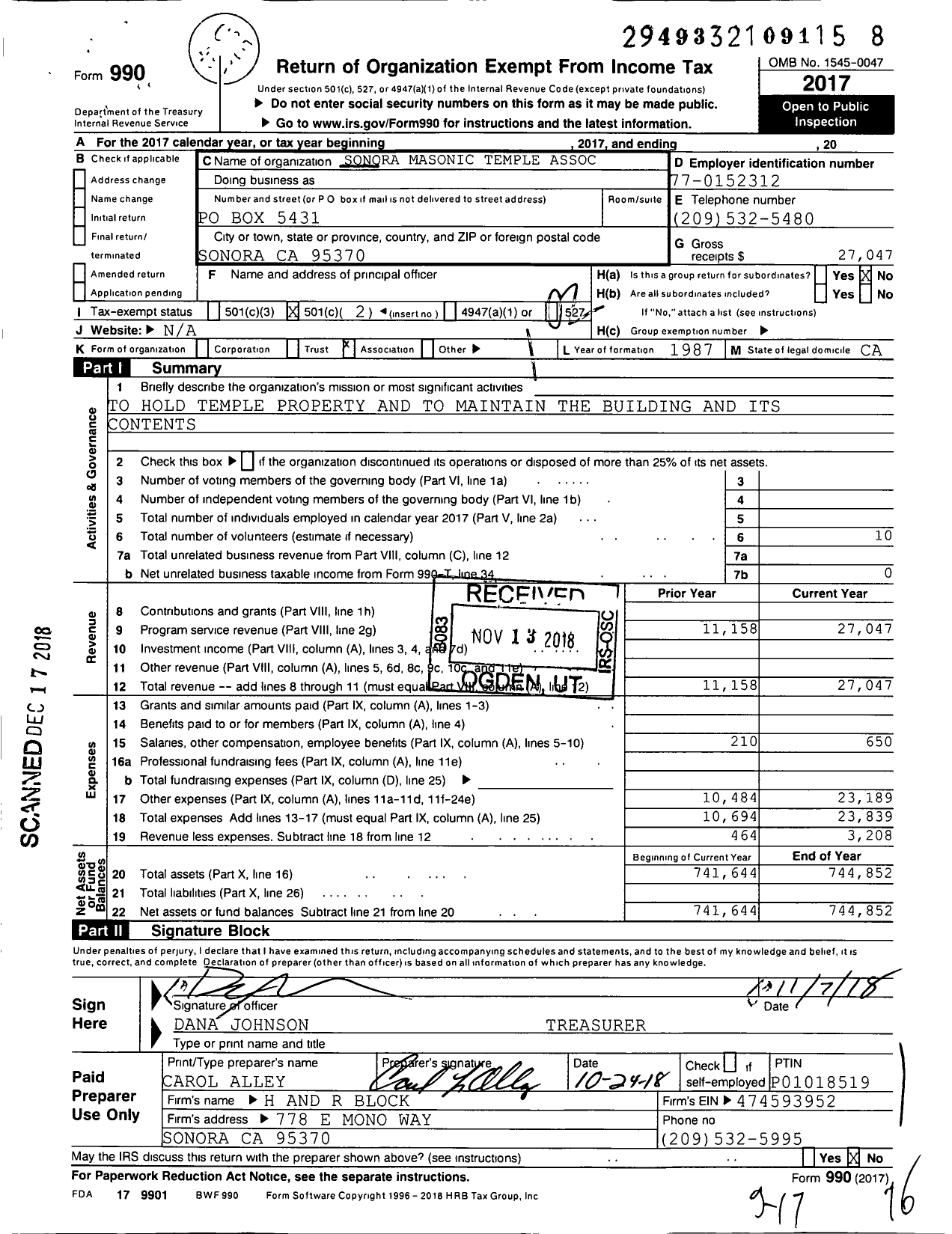 Image of first page of 2017 Form 990O for Argonaut 8 Masonic Hall Association