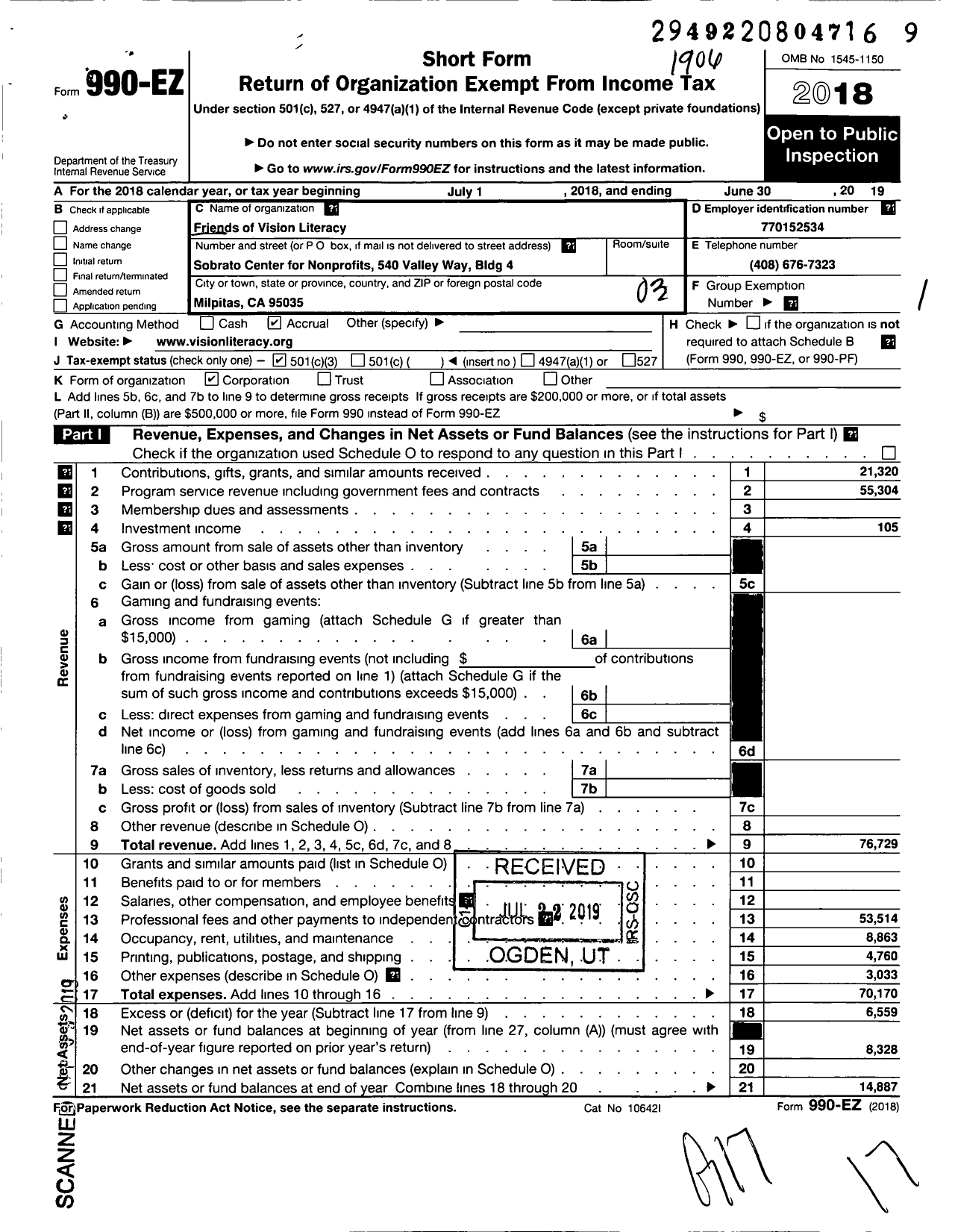 Image of first page of 2018 Form 990EZ for Friends of the Reading Program