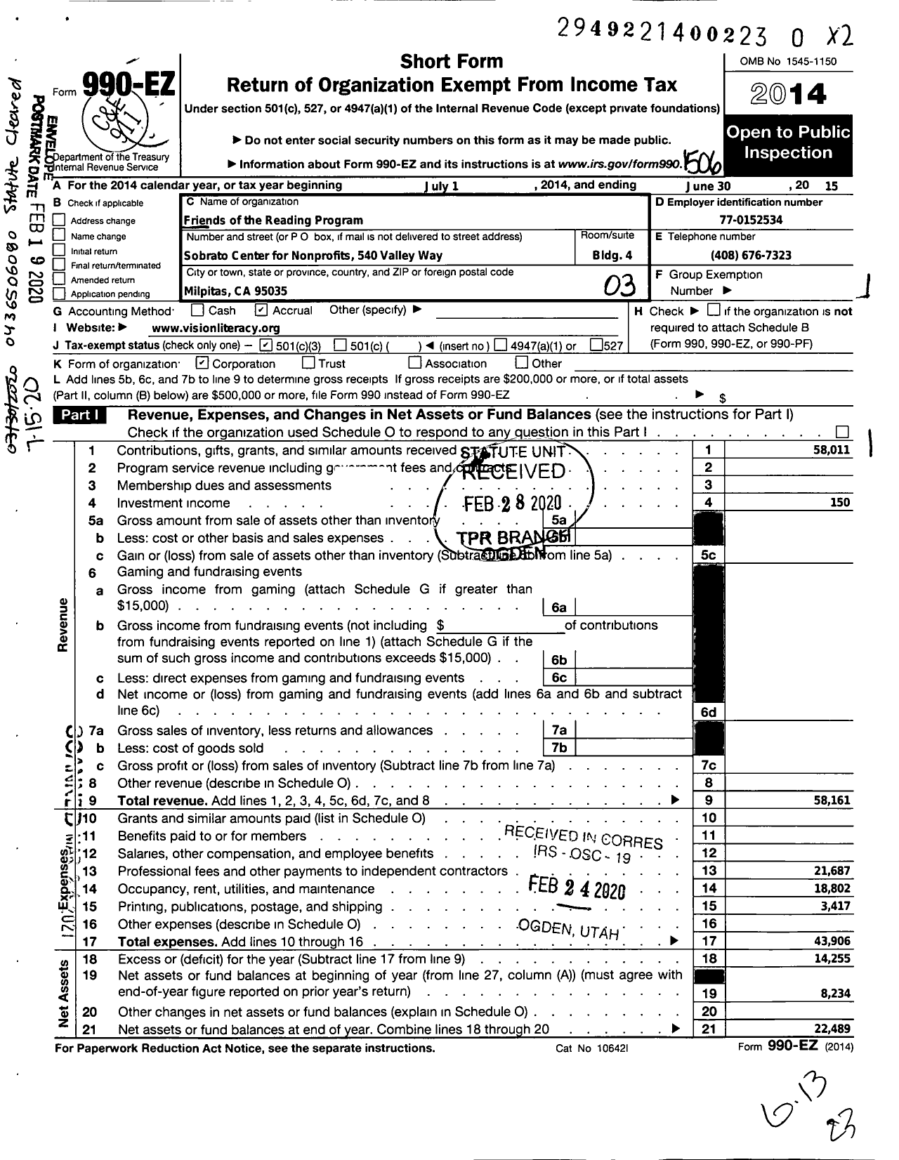 Image of first page of 2014 Form 990EZ for Friends of the Reading Program