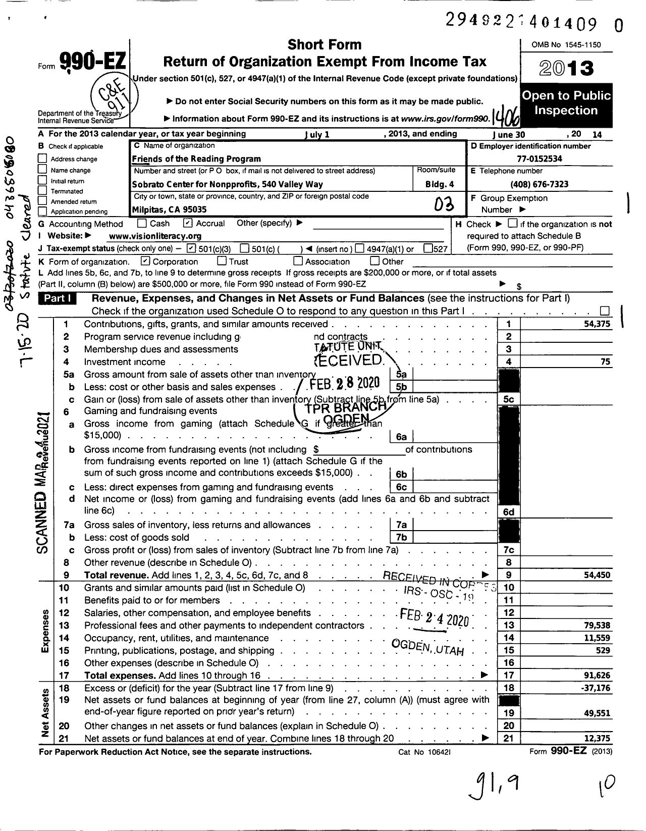 Image of first page of 2013 Form 990EZ for Friends of the Reading Program