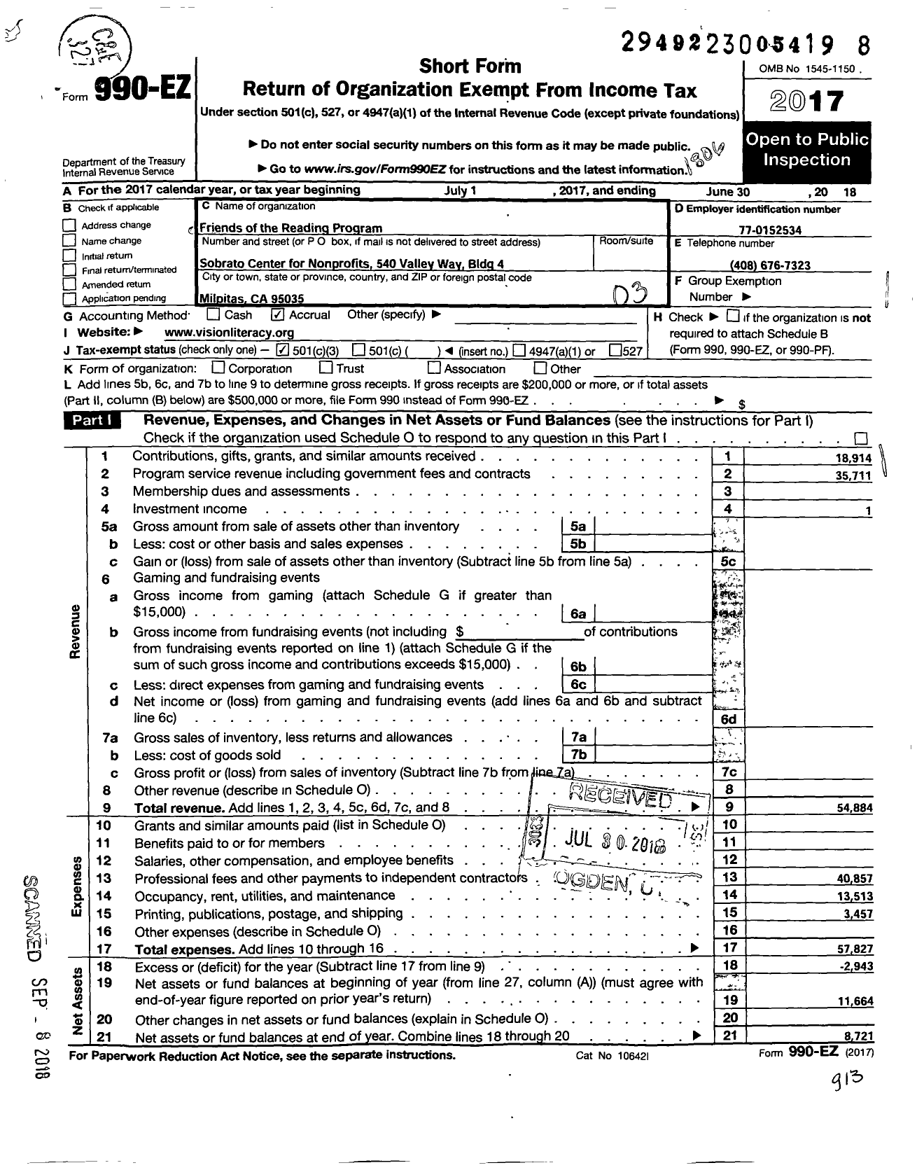 Image of first page of 2017 Form 990EZ for Friends of the Reading Program