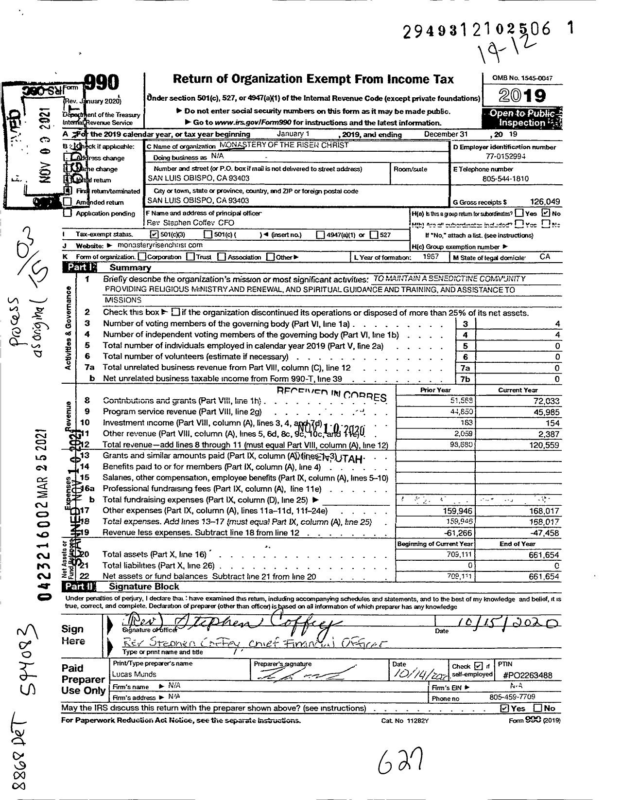 Image of first page of 2019 Form 990 for Monastery of the Risen Christ