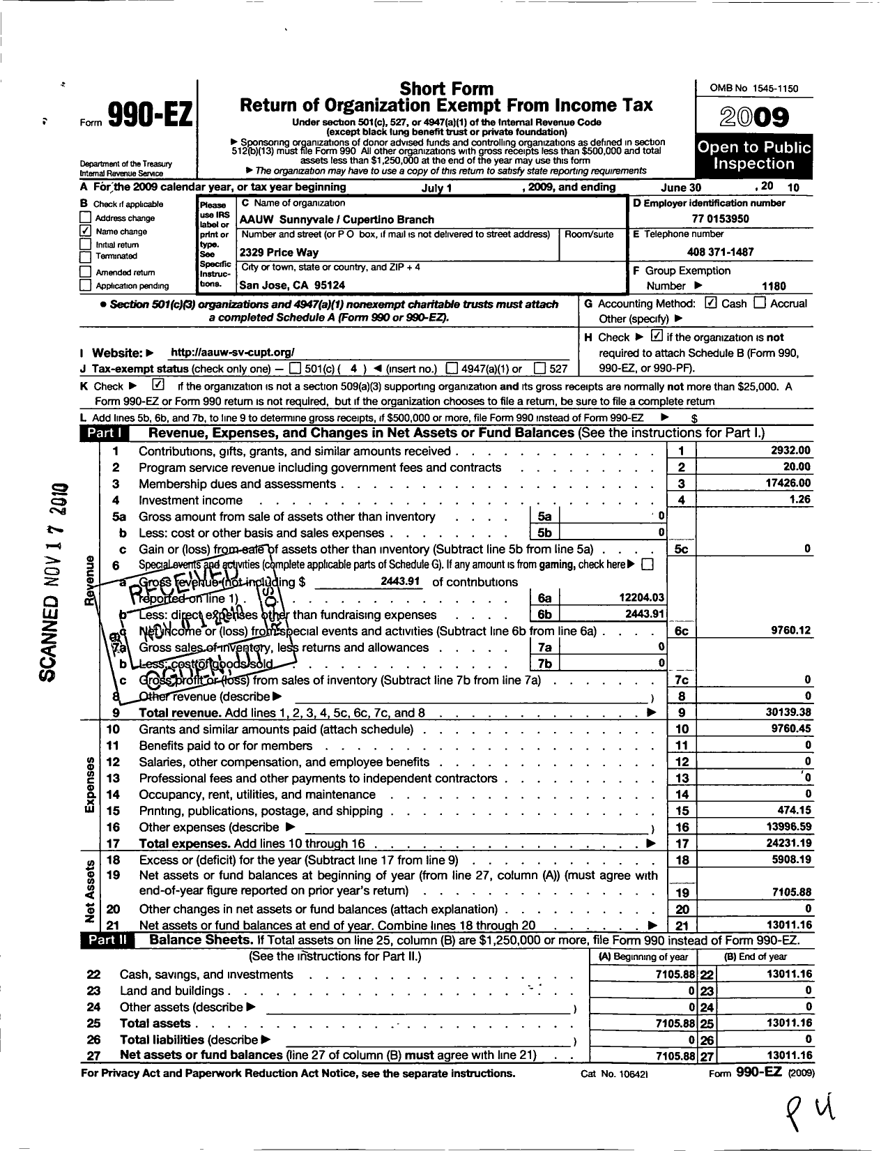 Image of first page of 2009 Form 990EO for American Association of University Women / Sunnyvale-Cupertino