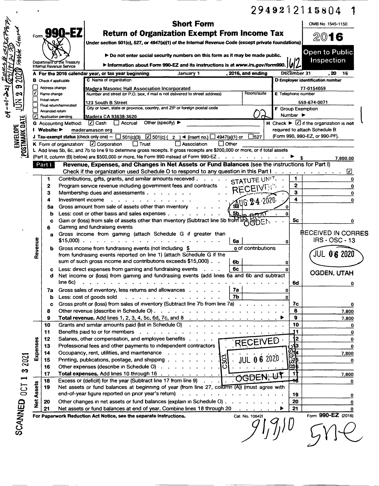 Image of first page of 2016 Form 990EO for Madera Masonic Hall Association Incorporated