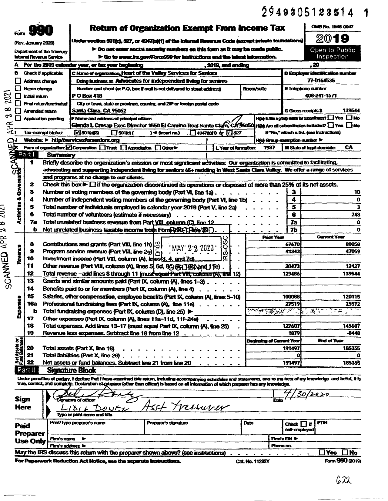 Image of first page of 2019 Form 990 for Heart of the Valley Services for Seniors