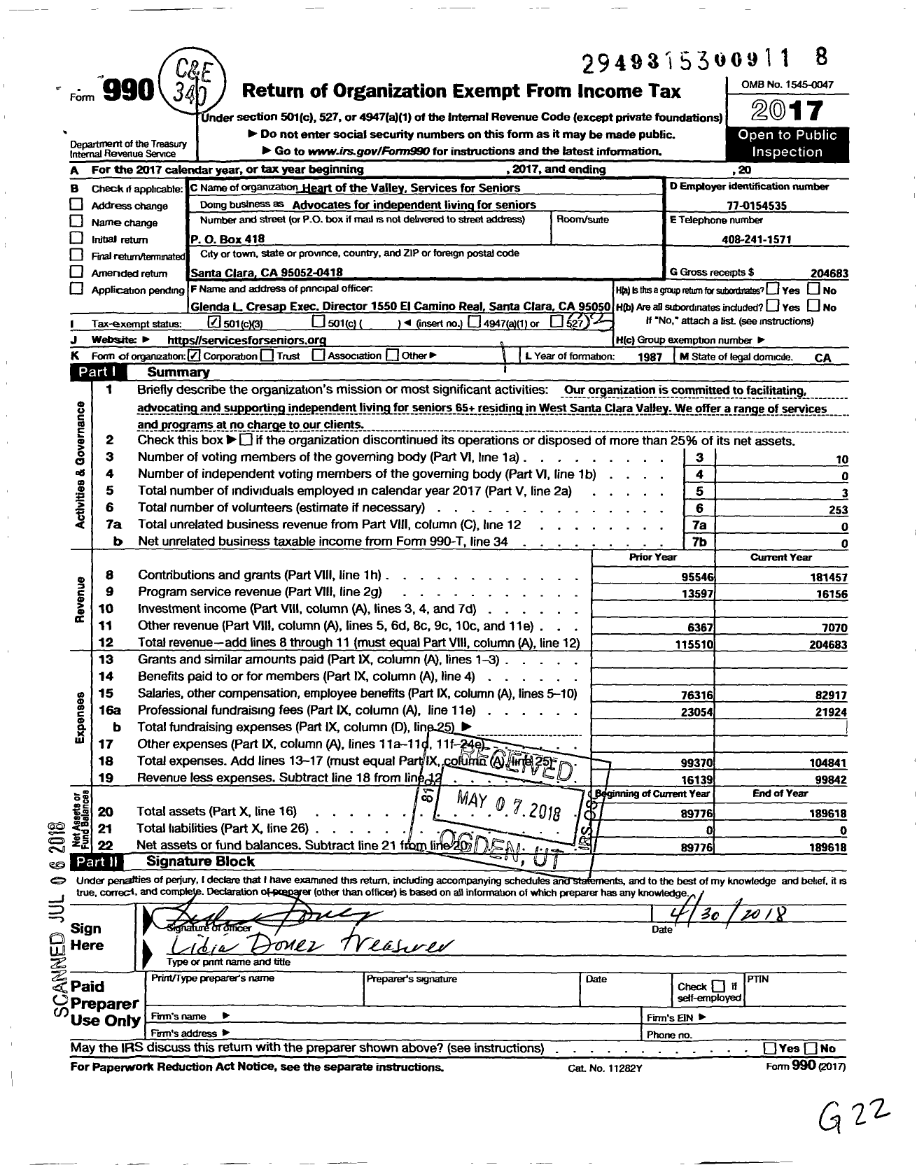 Image of first page of 2017 Form 990 for Heart of the Valley Services for Seniors