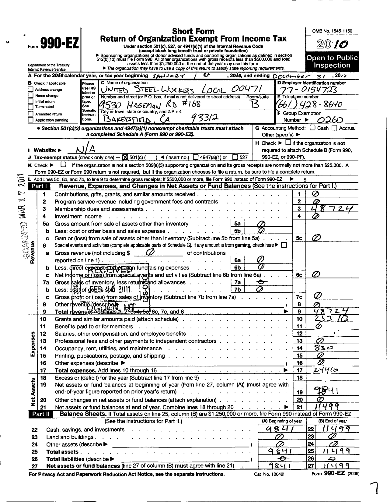 Image of first page of 2010 Form 990EO for United Steelworkers - 00471 Local