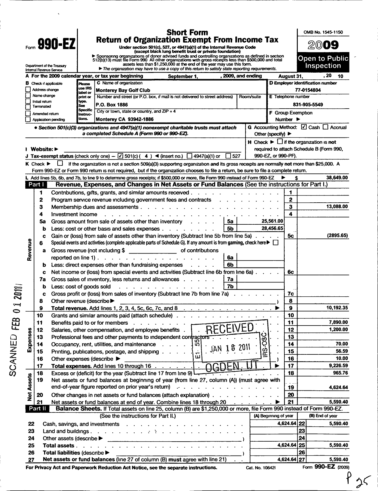 Image of first page of 2009 Form 990EO for Monterey Bay Golf Club