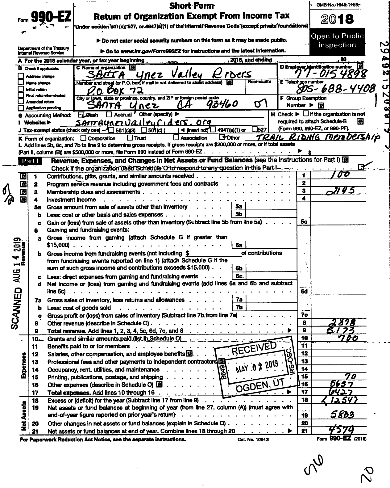 Image of first page of 2018 Form 990EO for Santa Ynez Valley Riders