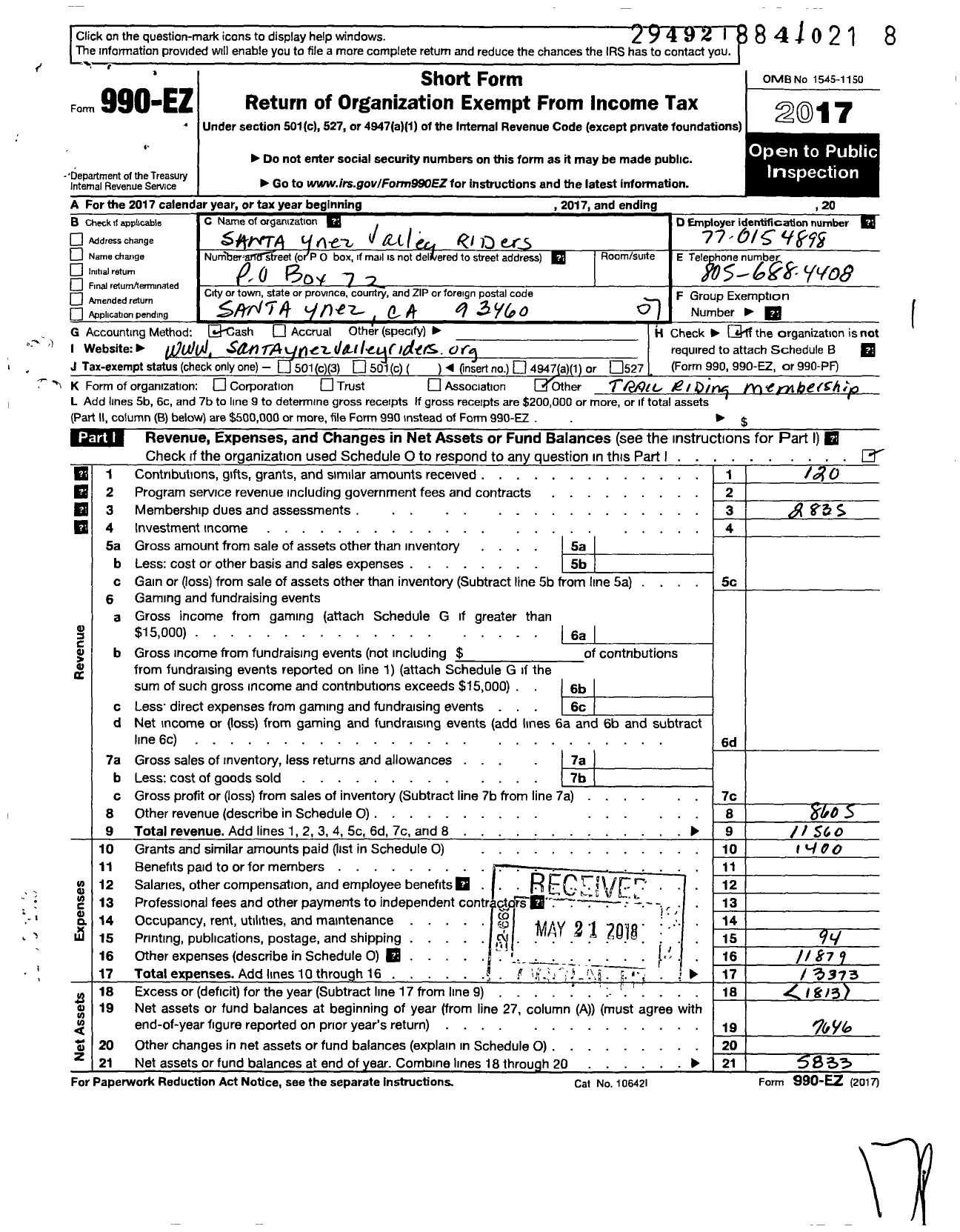 Image of first page of 2017 Form 990EO for Santa Ynez Valley Riders