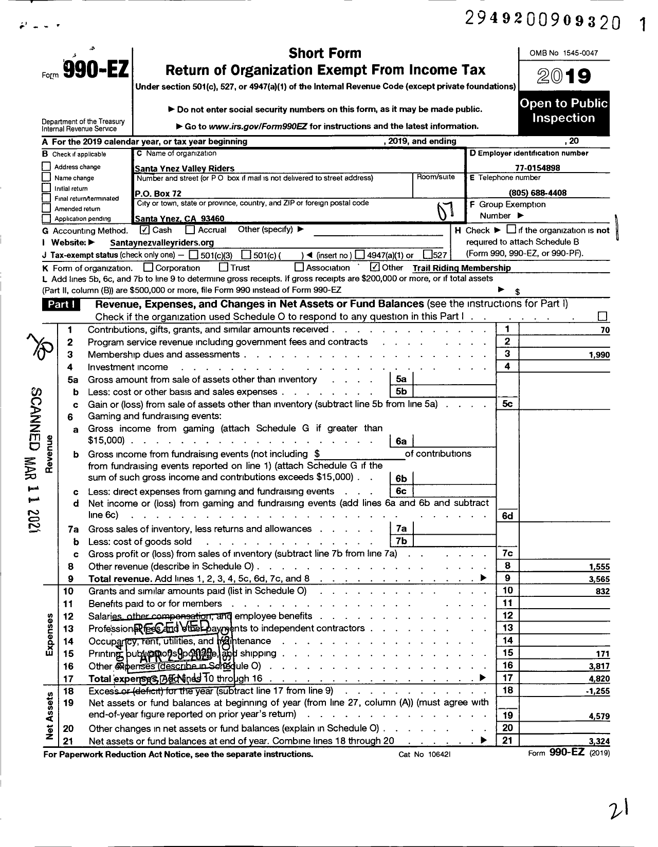 Image of first page of 2019 Form 990EO for Santa Ynez Valley Riders