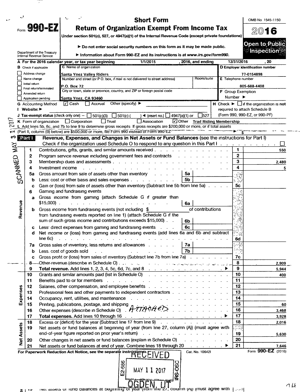 Image of first page of 2016 Form 990EO for Santa Ynez Valley Riders