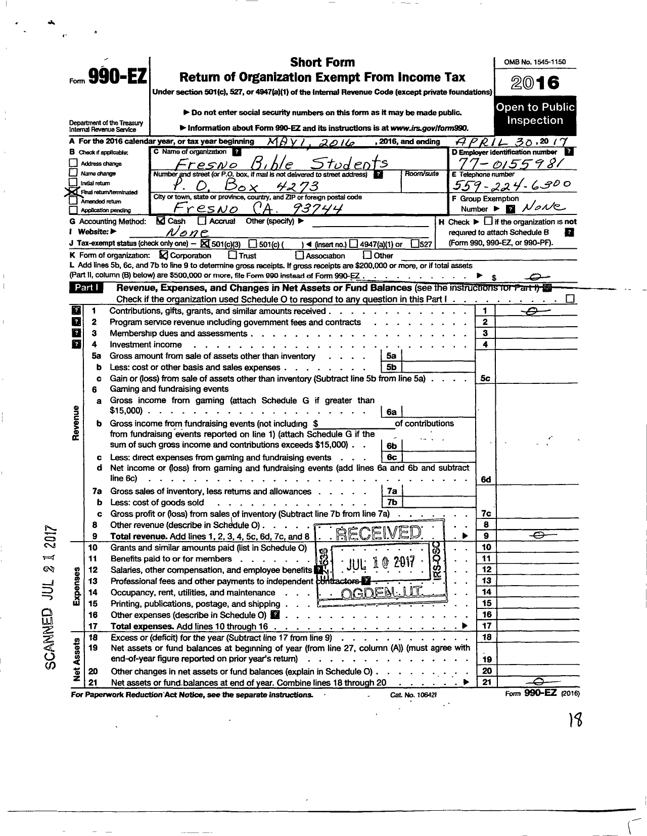 Image of first page of 2016 Form 990EZ for Fresno Bible Students