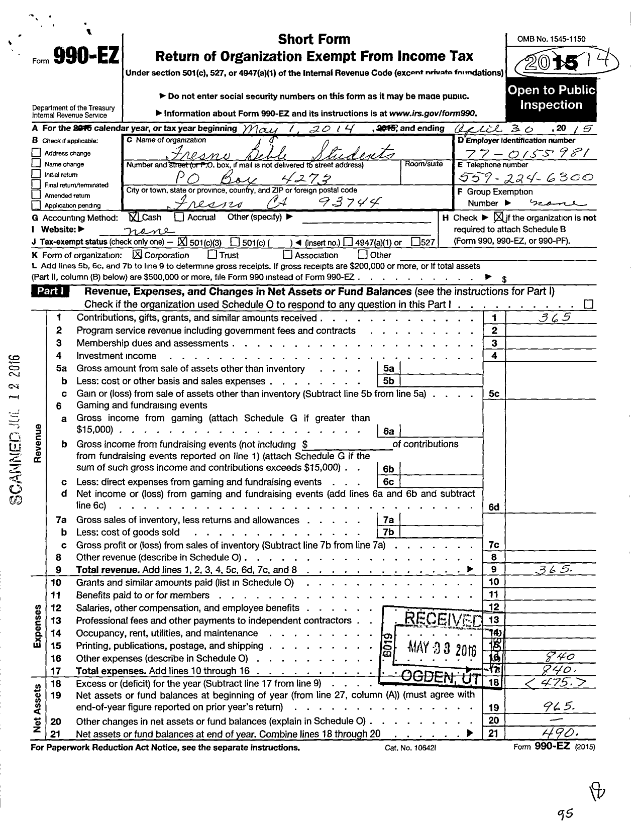 Image of first page of 2014 Form 990EZ for Fresno Bible Students