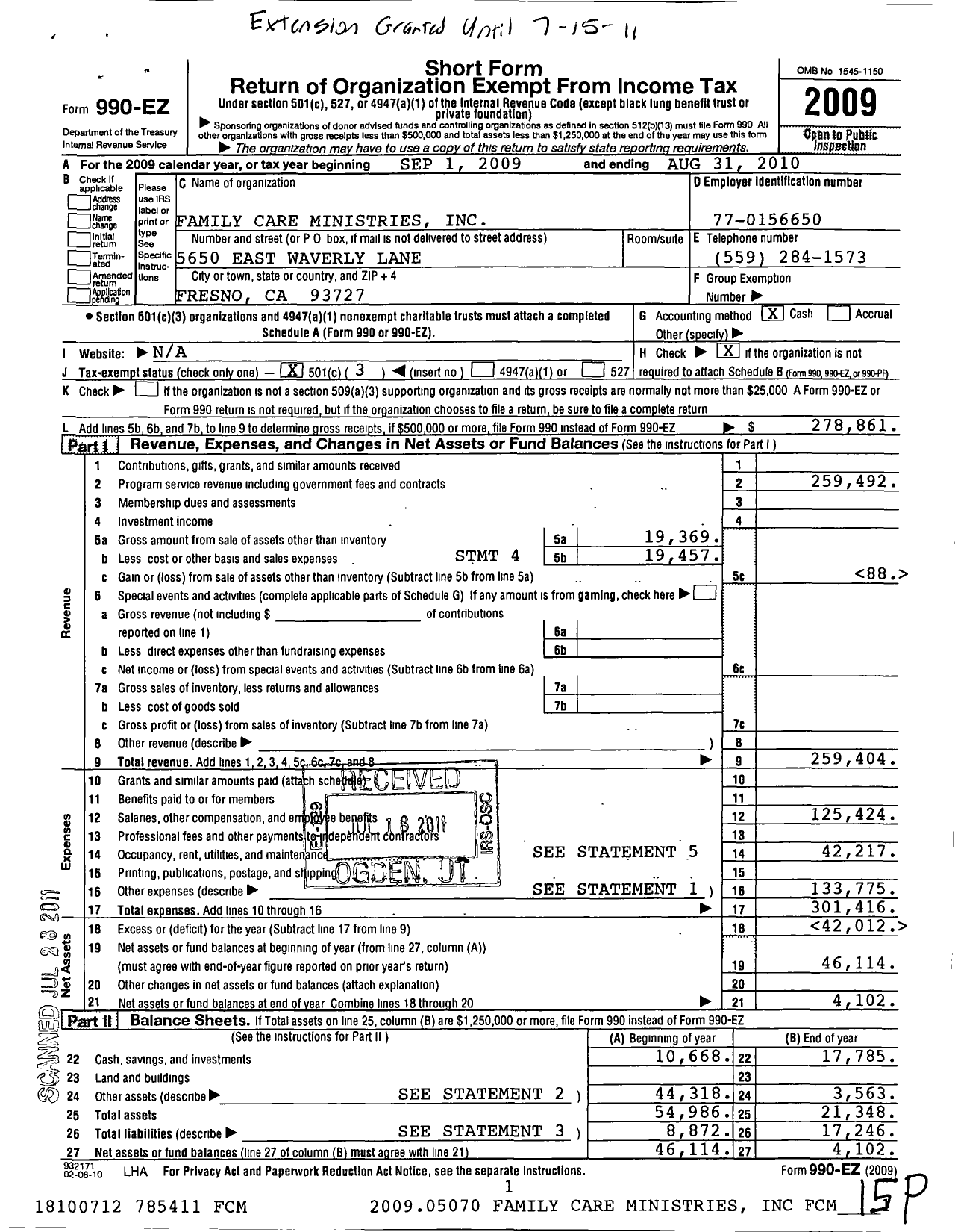 Image of first page of 2009 Form 990EZ for Family Care Ministries