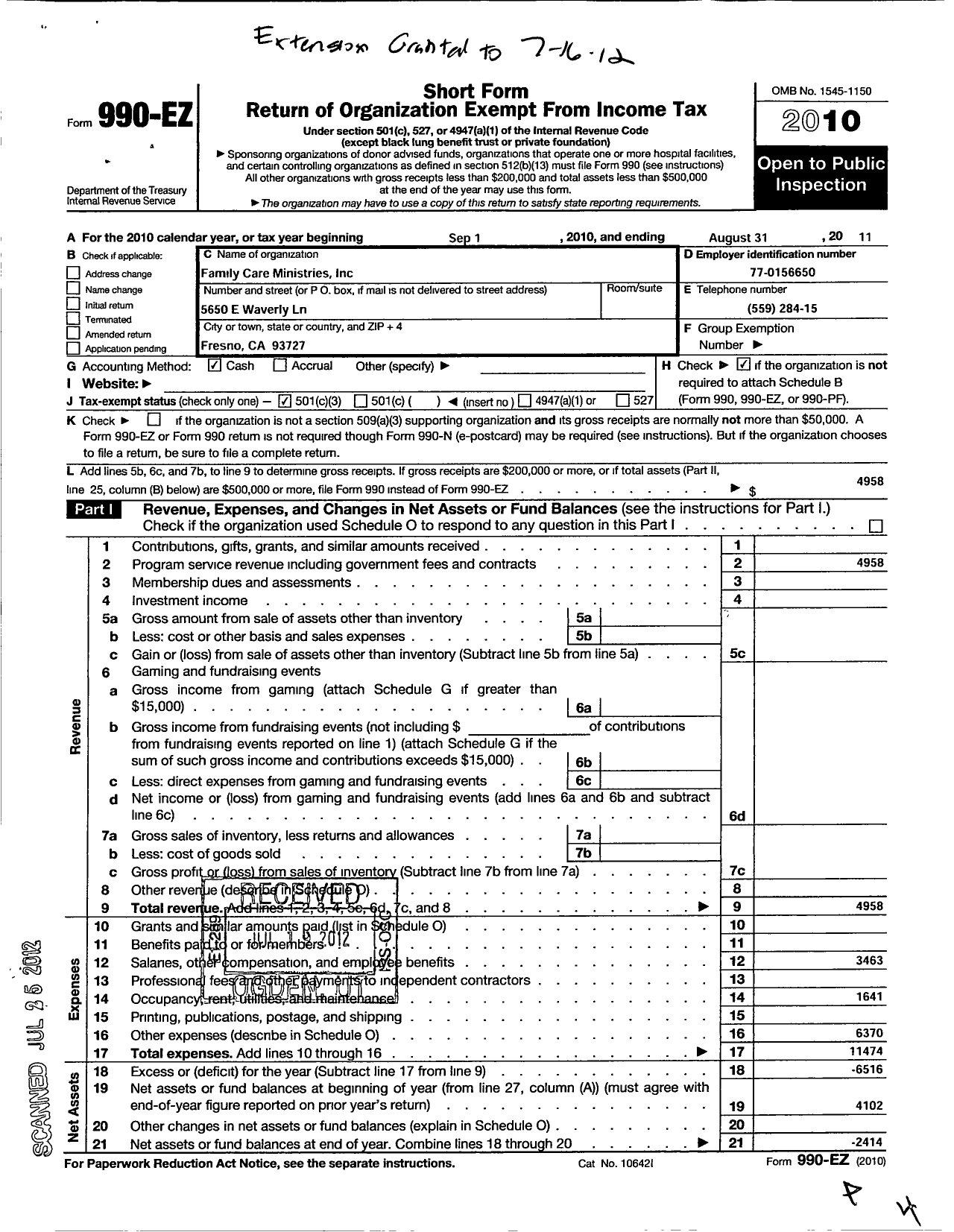 Image of first page of 2010 Form 990EZ for Family Care Ministries