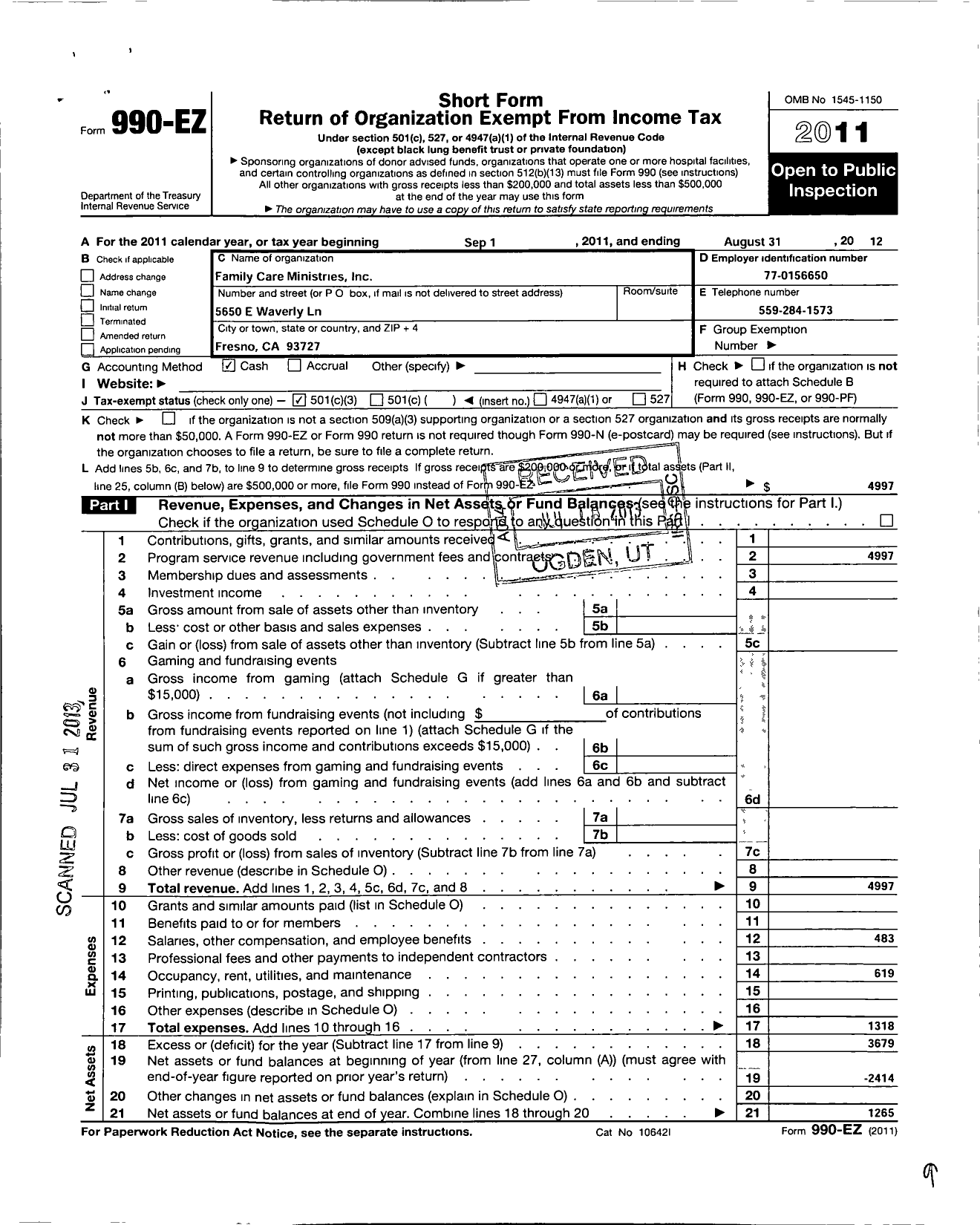 Image of first page of 2011 Form 990EZ for Family Care Ministries