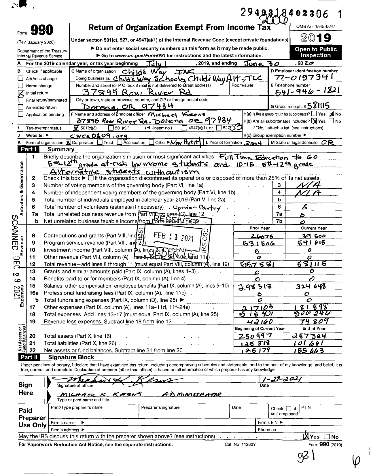 Image of first page of 2019 Form 990 for Childs Way Inc Childs Way Alternative