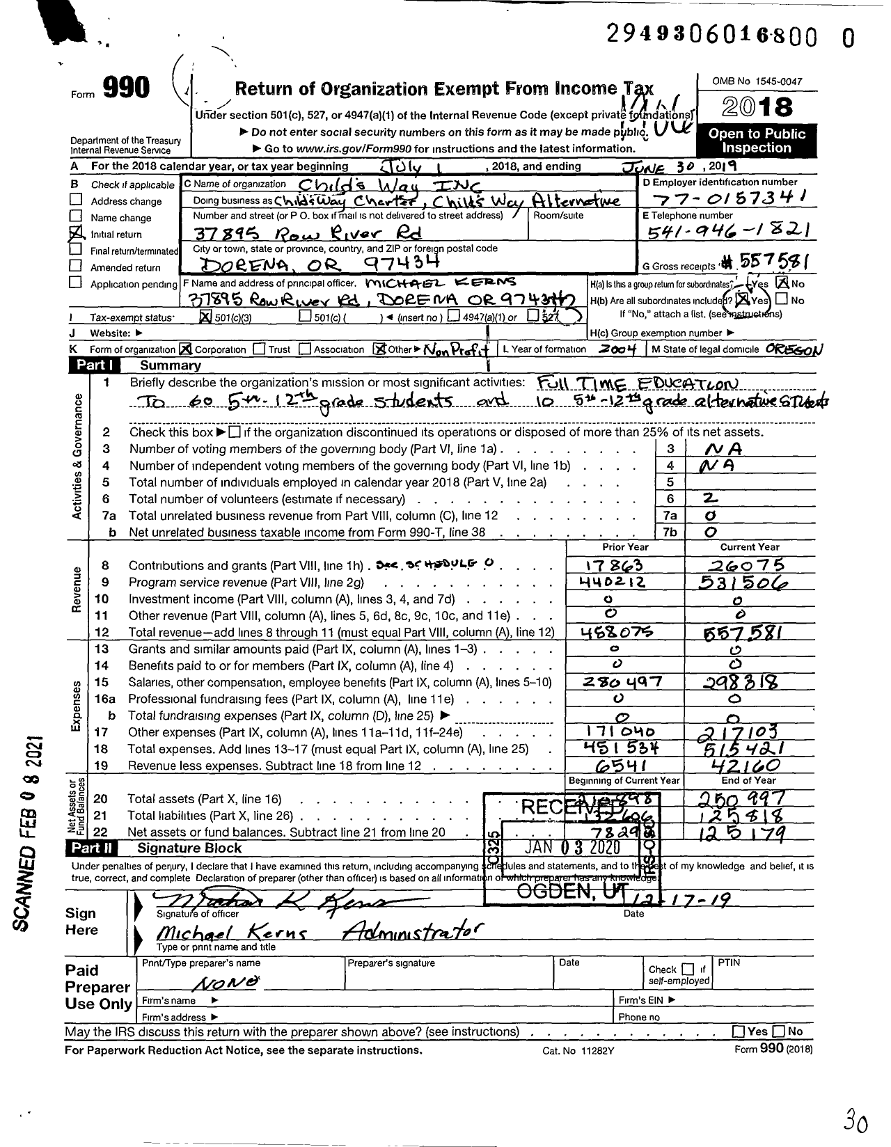 Image of first page of 2018 Form 990 for Childs Way Inc Childs Way Alternative