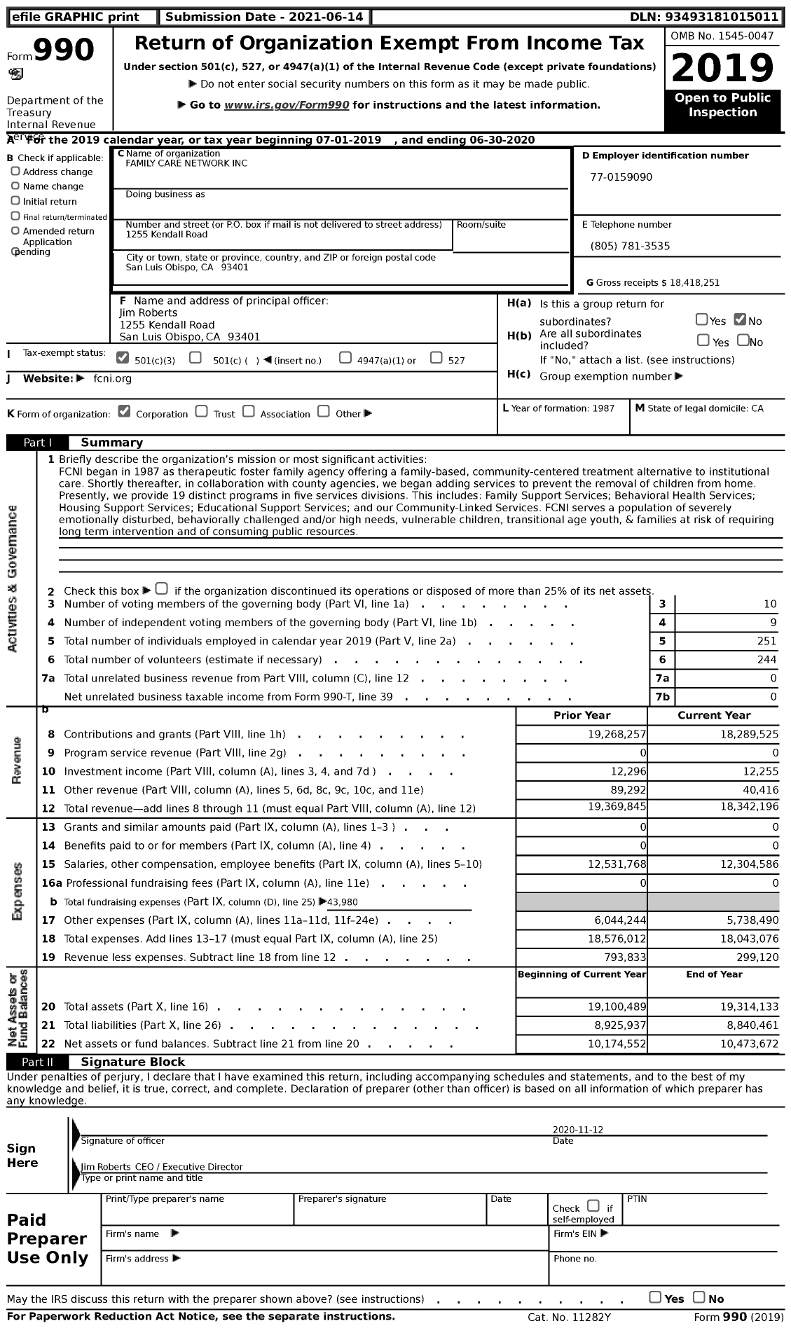 Image of first page of 2019 Form 990 for Family Care Network (FCNI)