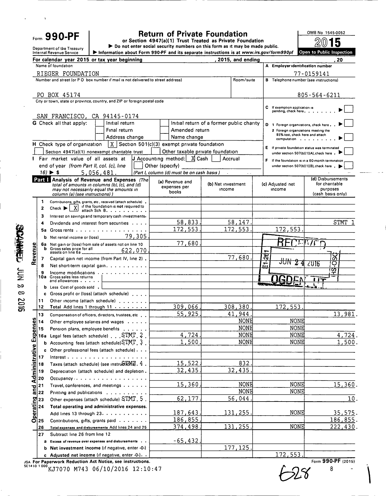 Image of first page of 2015 Form 990PF for Rieger Foundation
