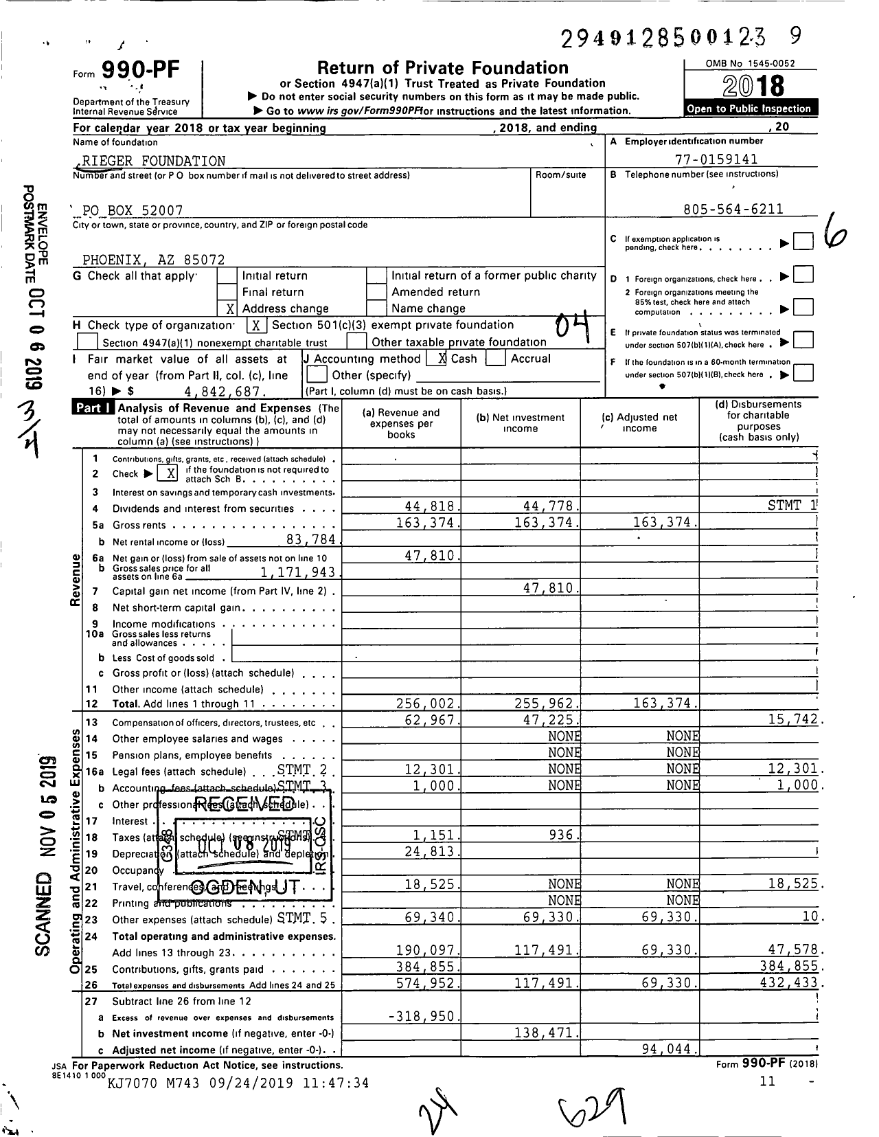 Image of first page of 2018 Form 990PF for Rieger Foundation