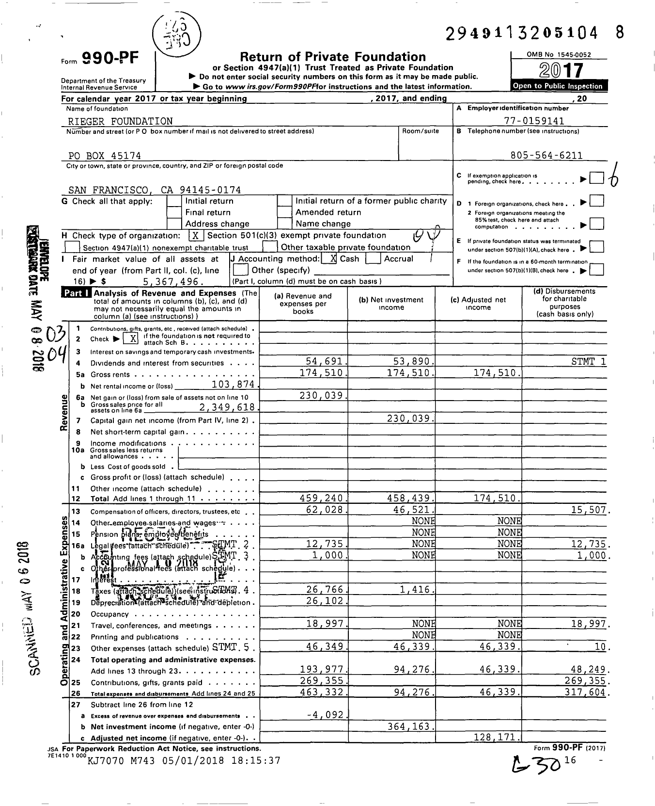 Image of first page of 2017 Form 990PF for Rieger Foundation