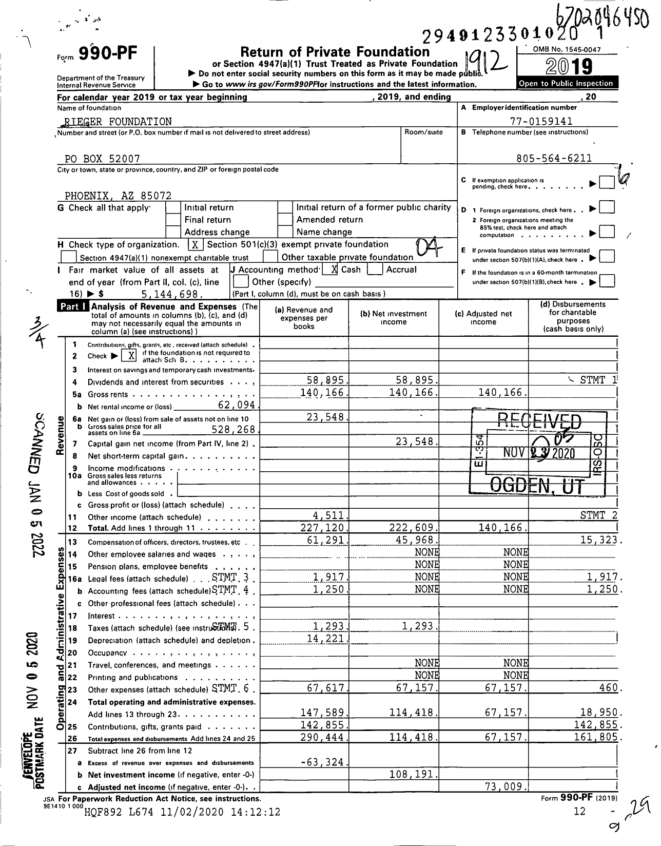 Image of first page of 2019 Form 990PF for Rieger Foundation