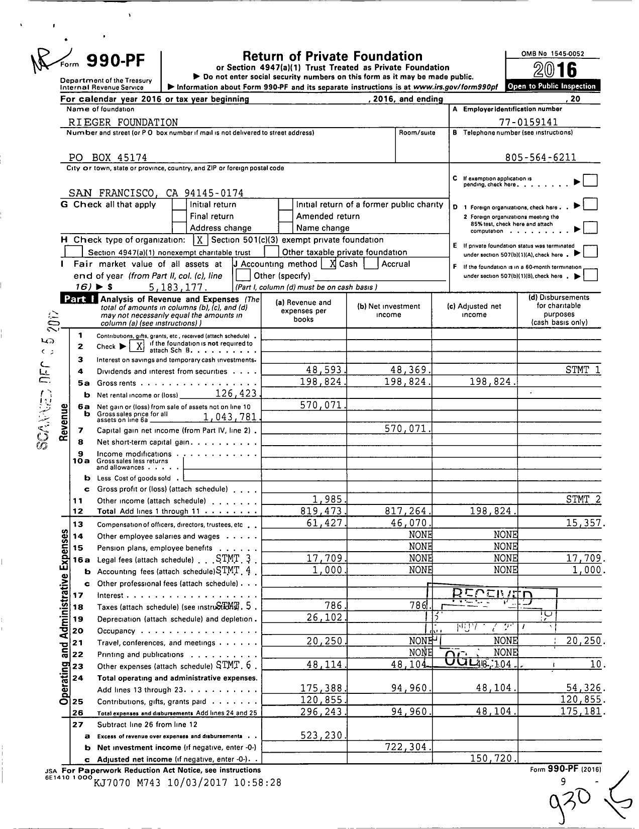 Image of first page of 2016 Form 990PF for Rieger Foundation