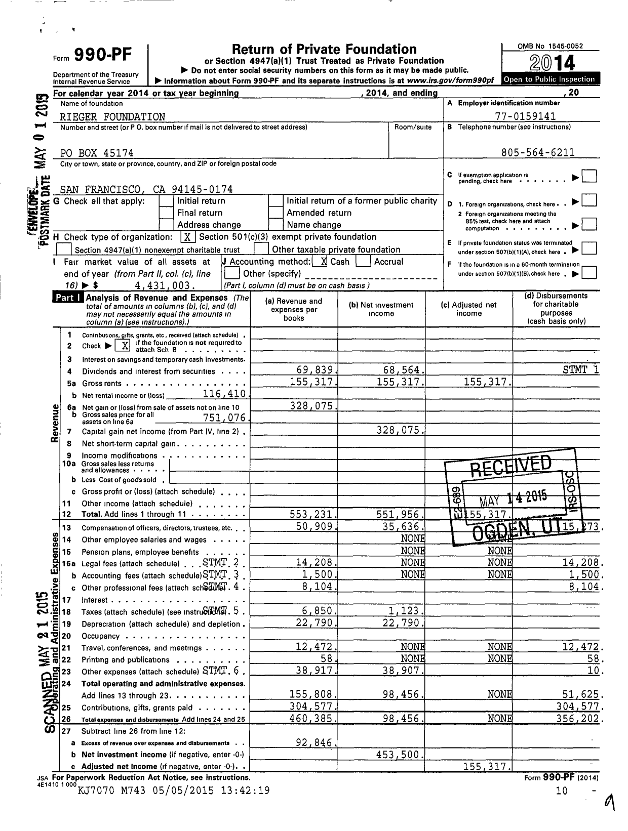 Image of first page of 2014 Form 990PF for Rieger Foundation