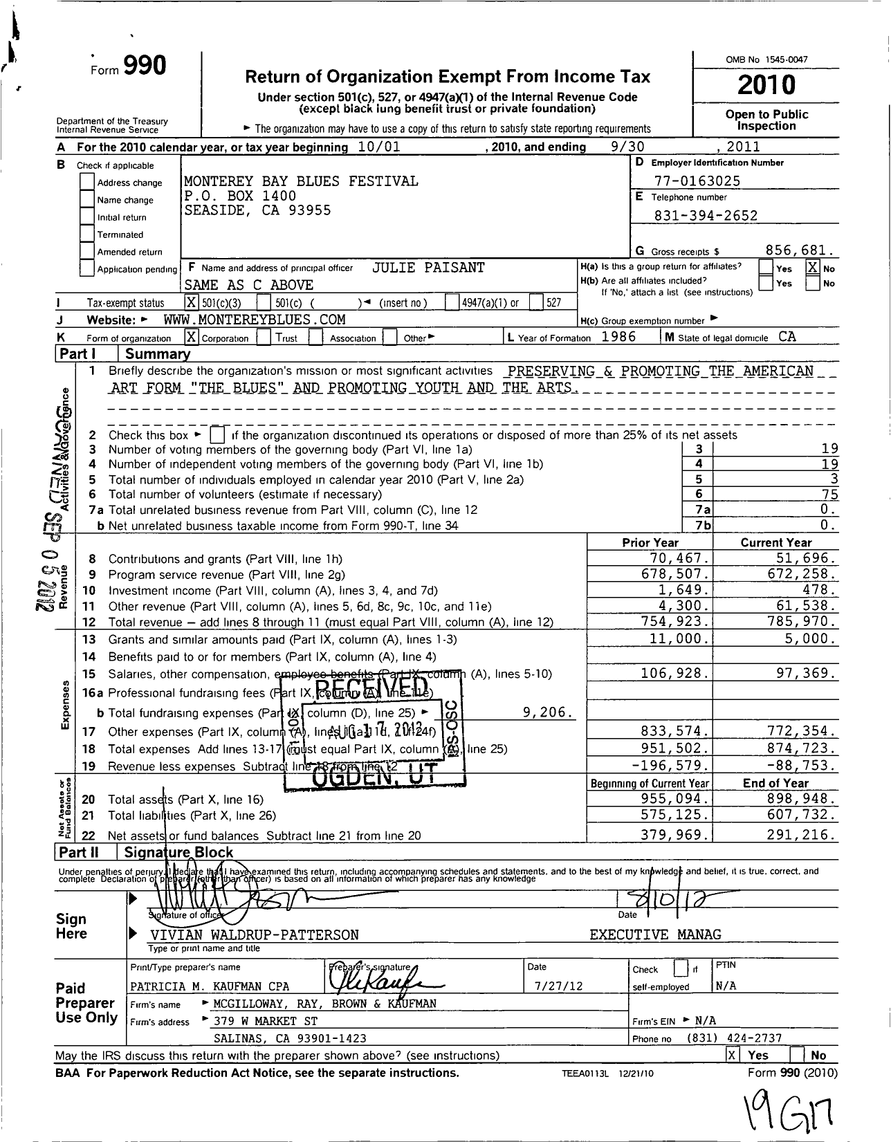 Image of first page of 2010 Form 990 for Monterey Bay Blues Festival Bankruptcy Estate