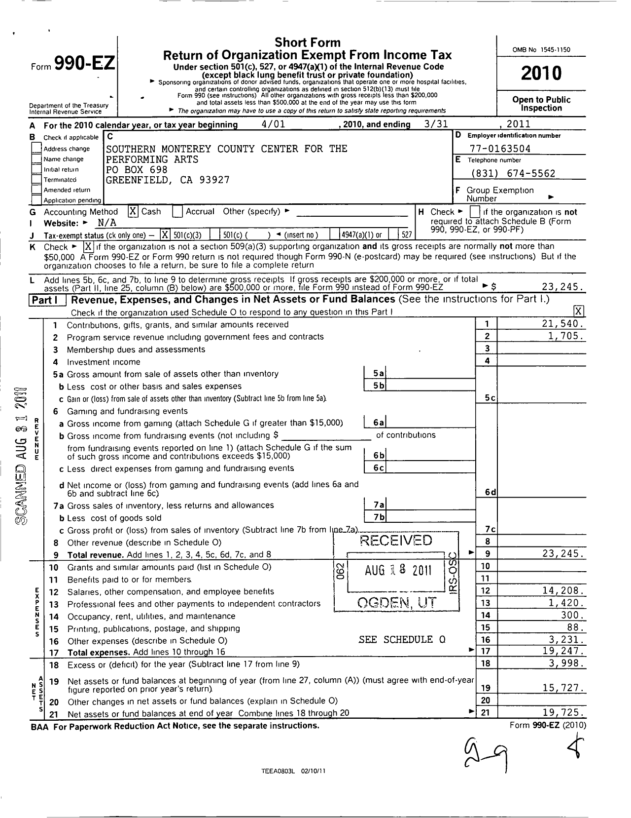 Image of first page of 2010 Form 990EZ for Center for the Performing Arts