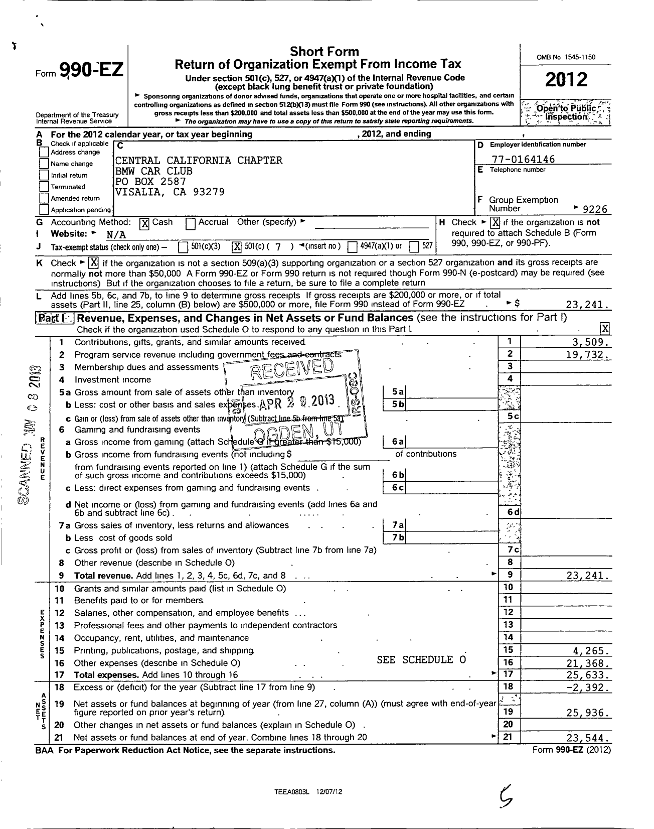 Image of first page of 2012 Form 990EO for BMW Car Club of America / Central California Chapter