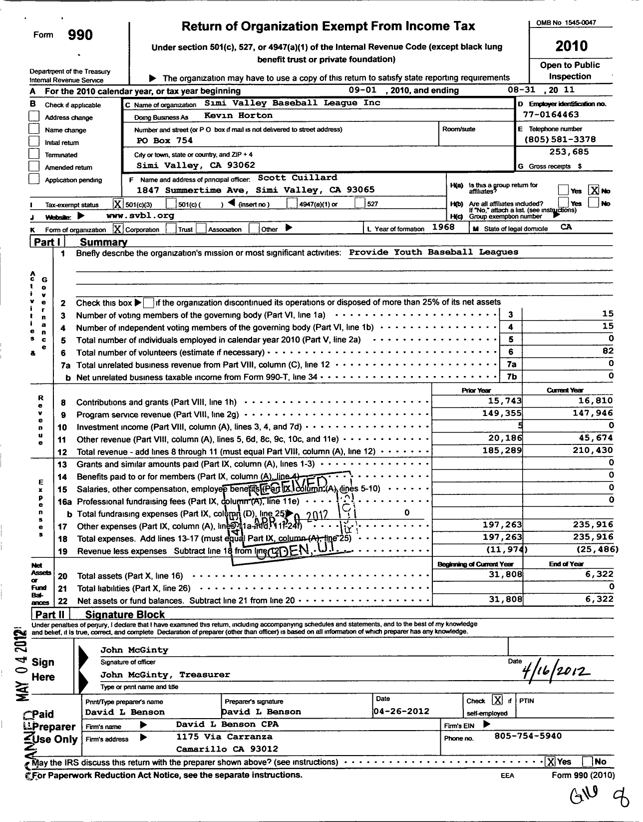 Image of first page of 2010 Form 990 for Simi Valley Baseball League