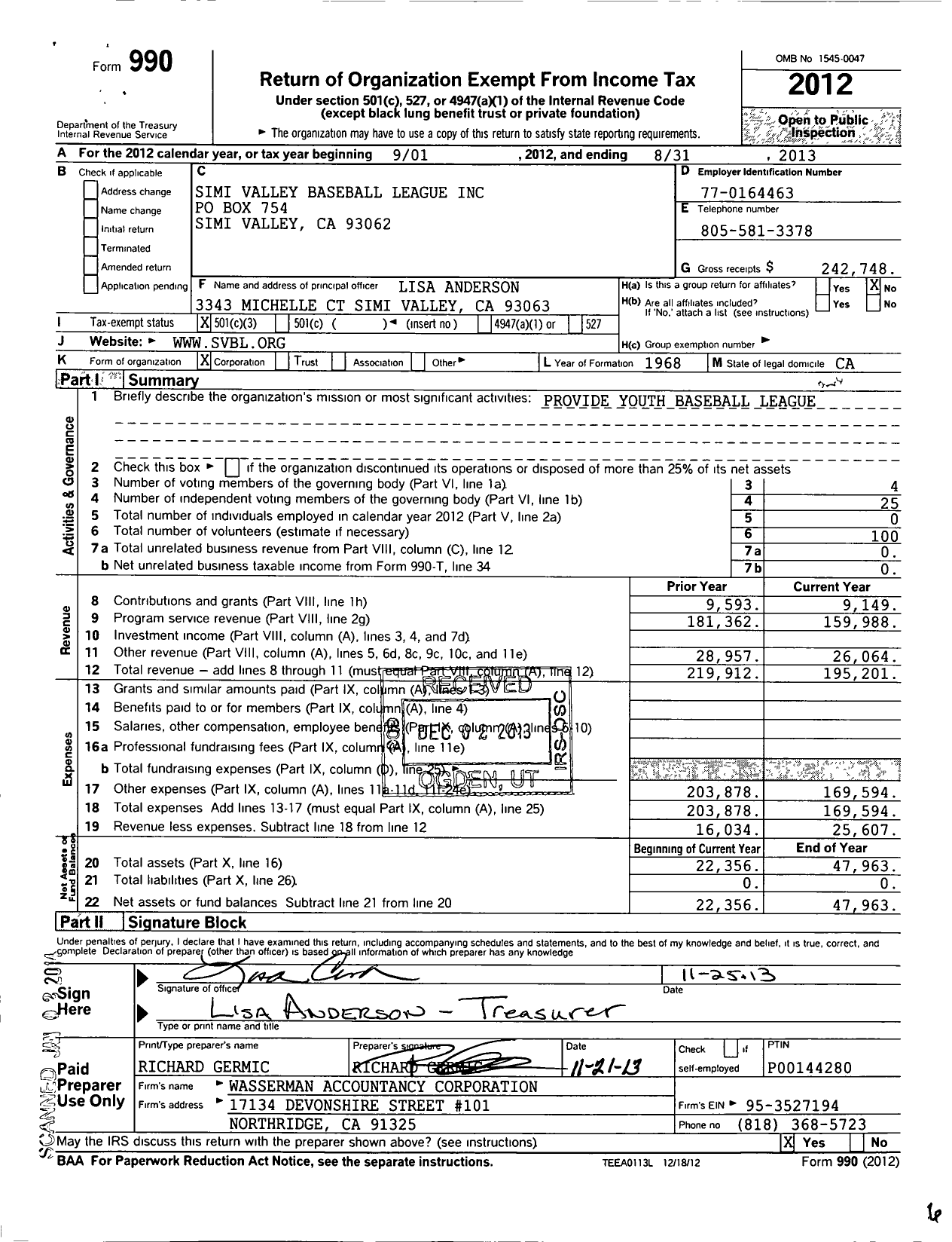 Image of first page of 2012 Form 990 for Simi Valley Baseball League