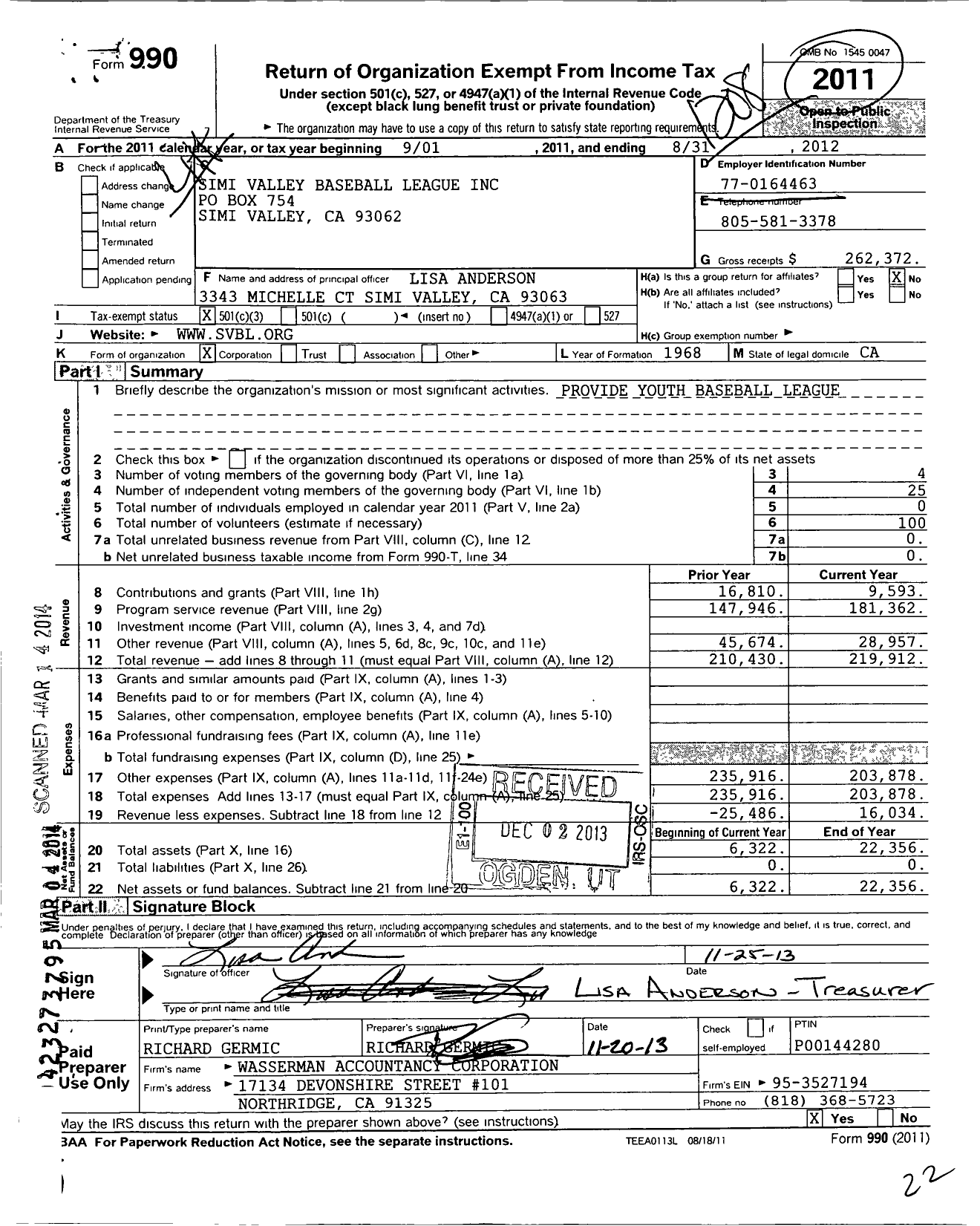 Image of first page of 2011 Form 990 for Simi Valley Baseball League