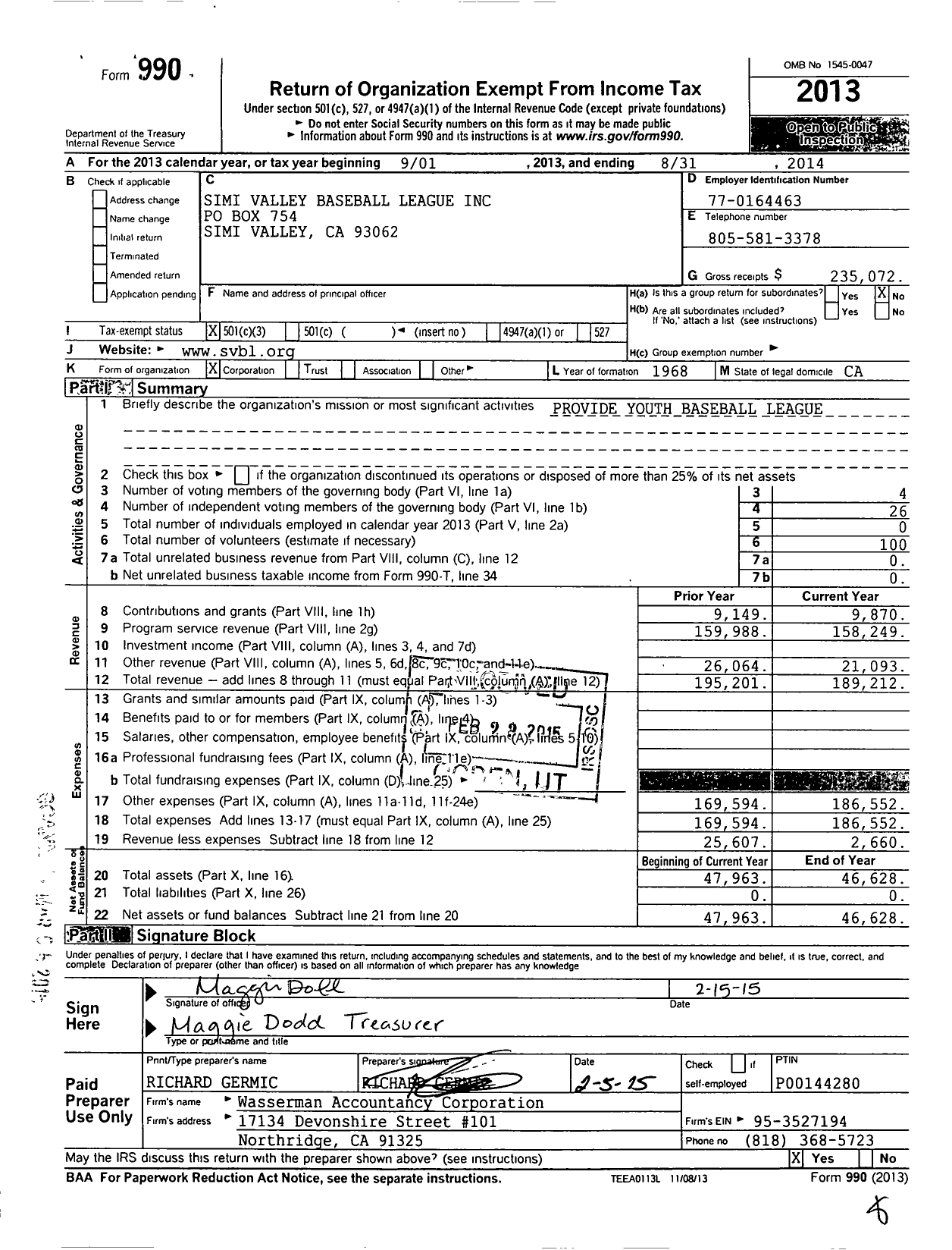 Image of first page of 2013 Form 990 for Simi Valley Baseball League