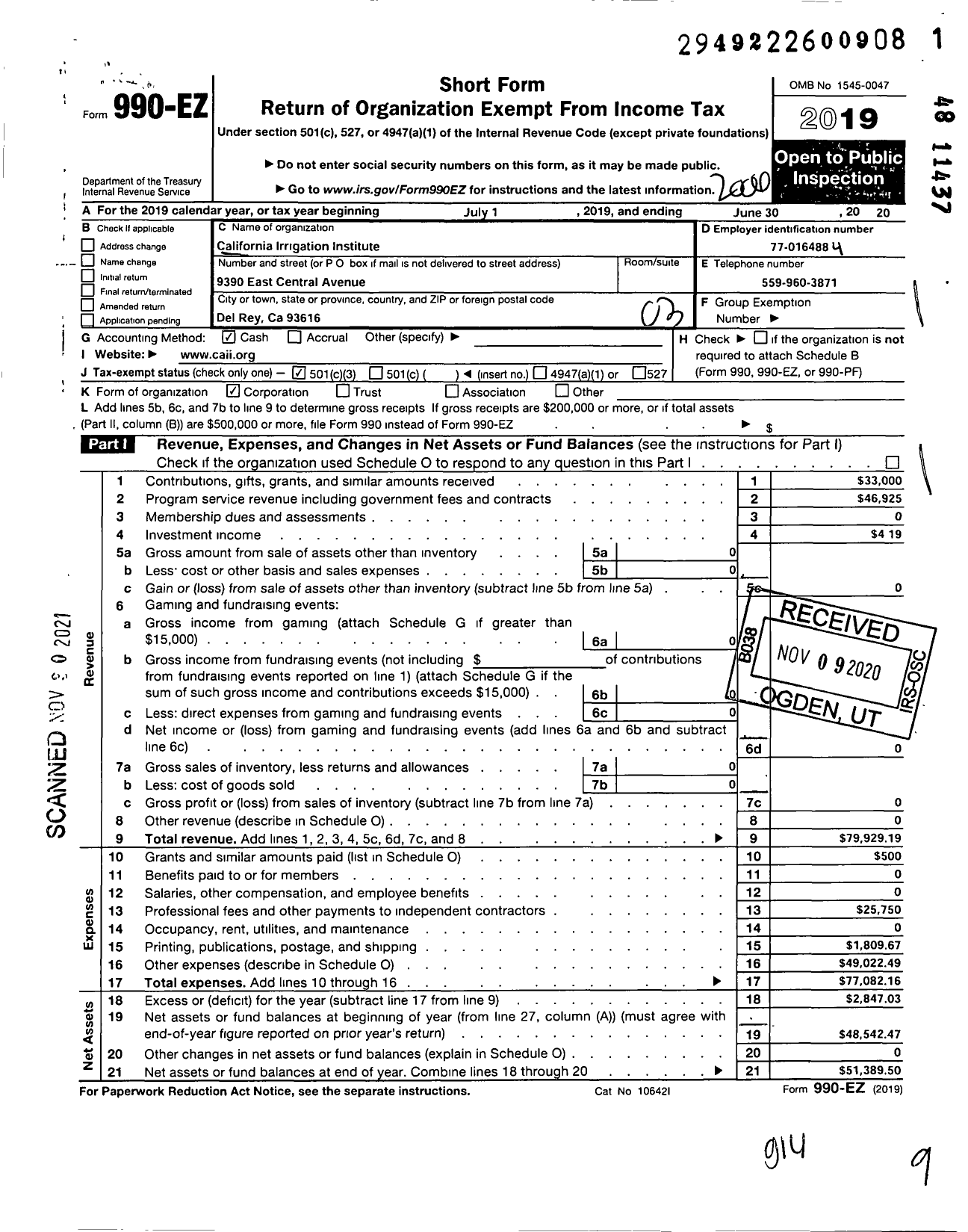 Image of first page of 2019 Form 990EZ for California Irrigation Institute