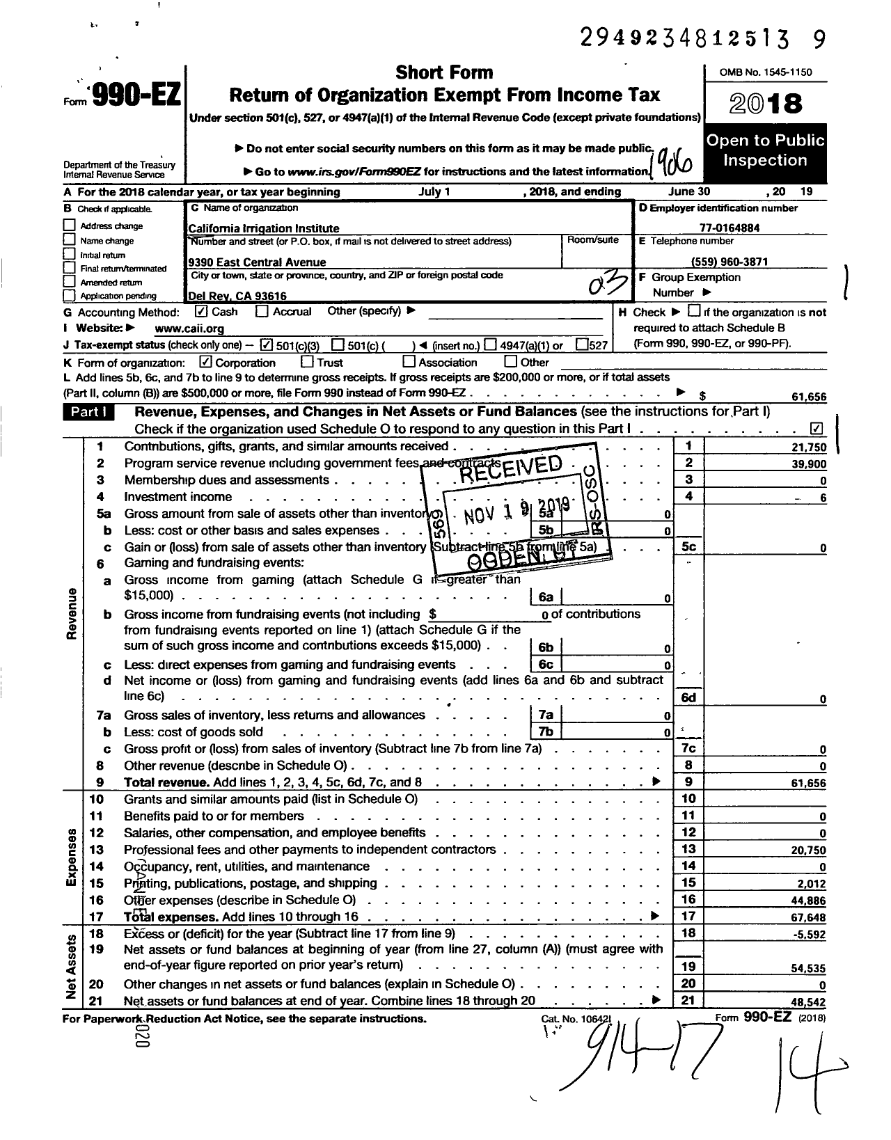 Image of first page of 2018 Form 990EZ for California Irrigation Institute