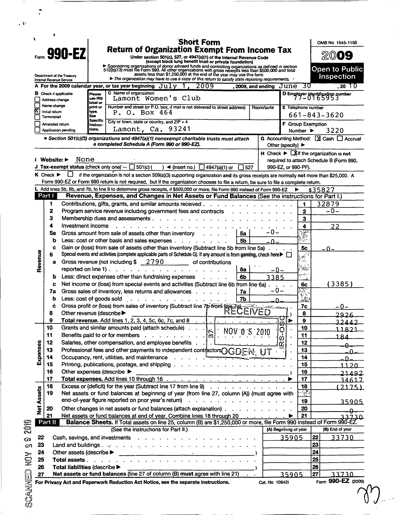 Image of first page of 2009 Form 990EO for The Lamont Womens Clubs