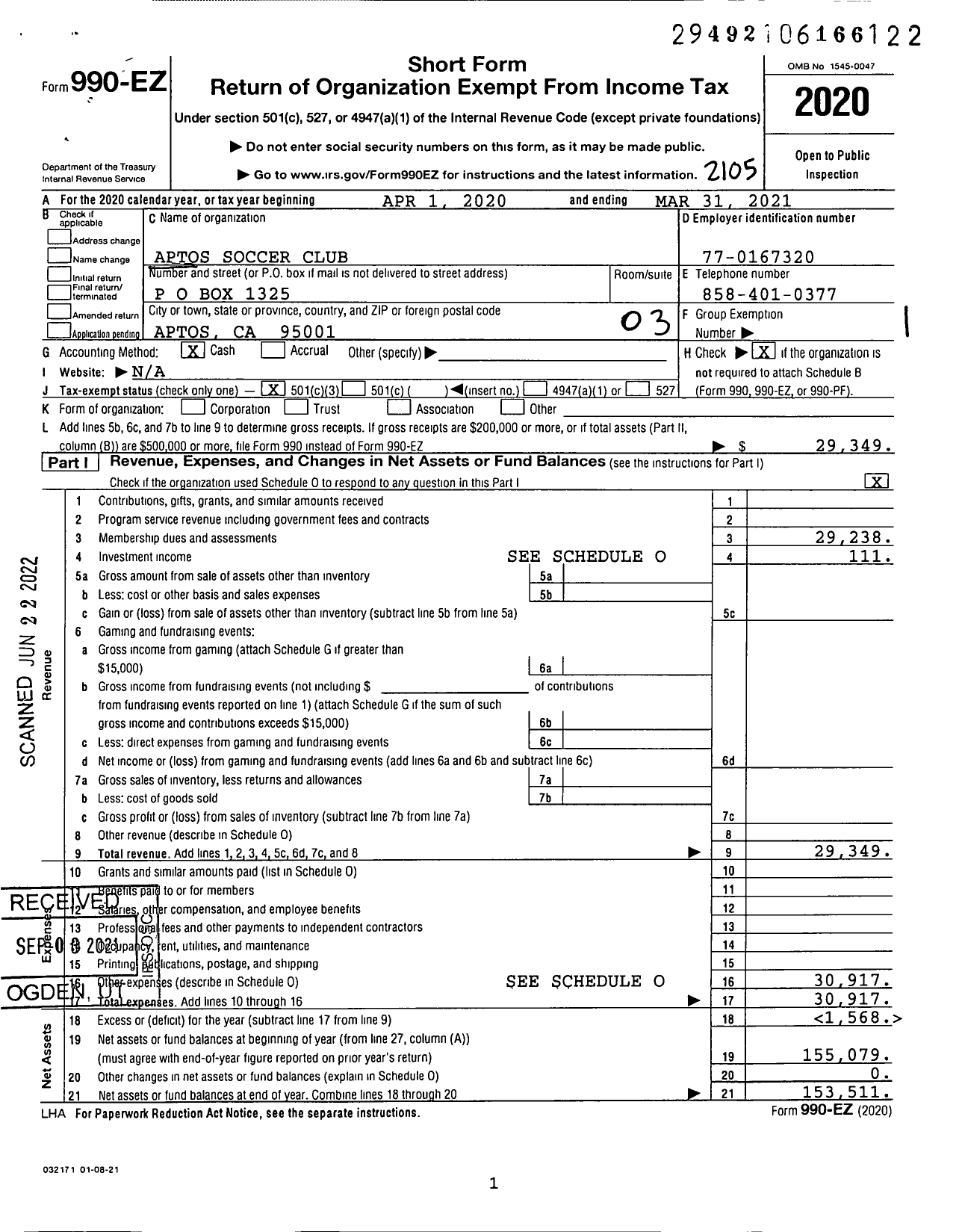 Image of first page of 2020 Form 990EZ for Aptos Soccer Club