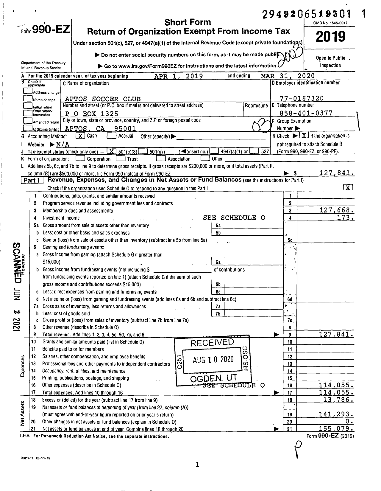 Image of first page of 2019 Form 990EZ for Aptos Soccer Club