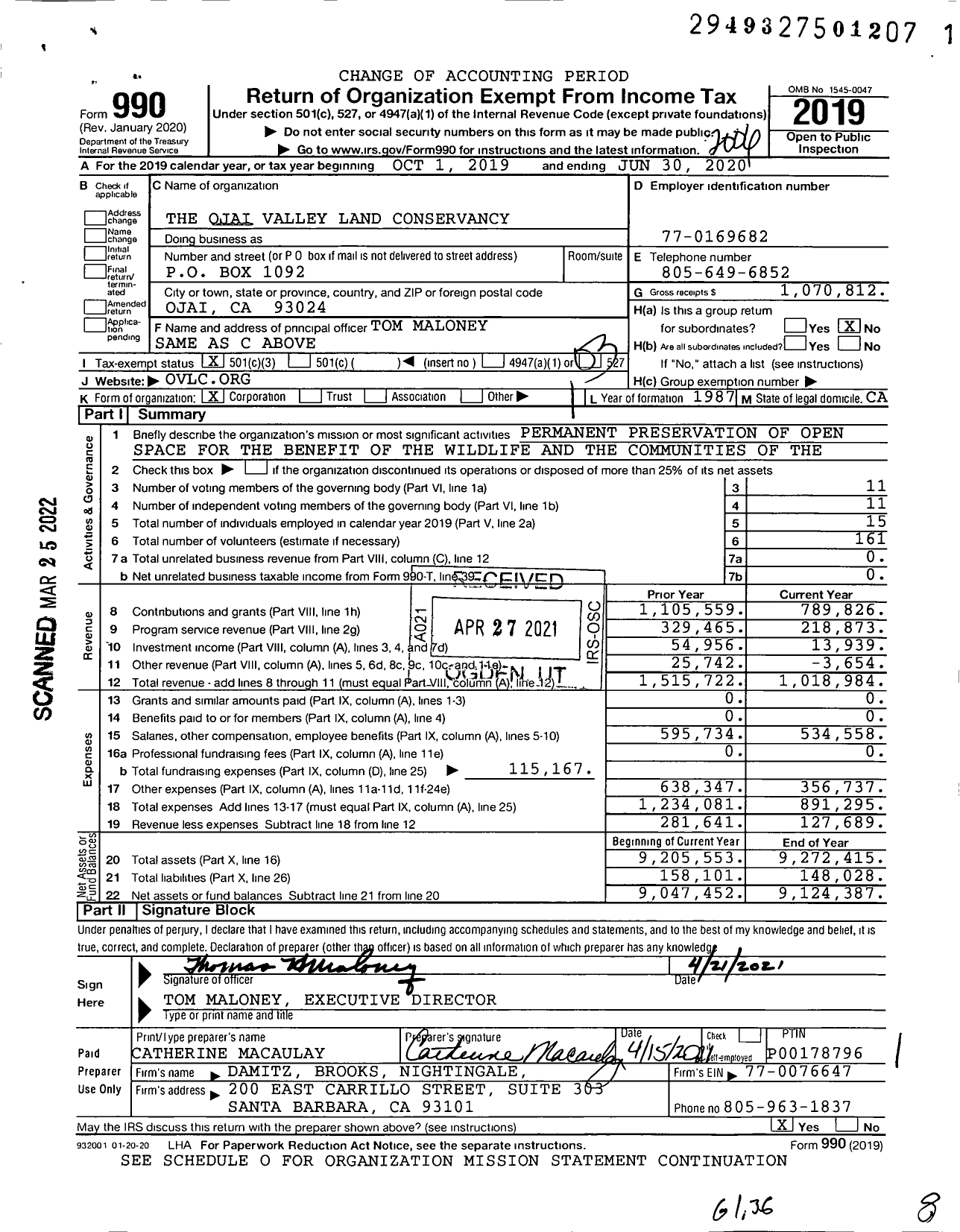 Image of first page of 2019 Form 990 for Ojai Valley Land Conservancy (OVLC)