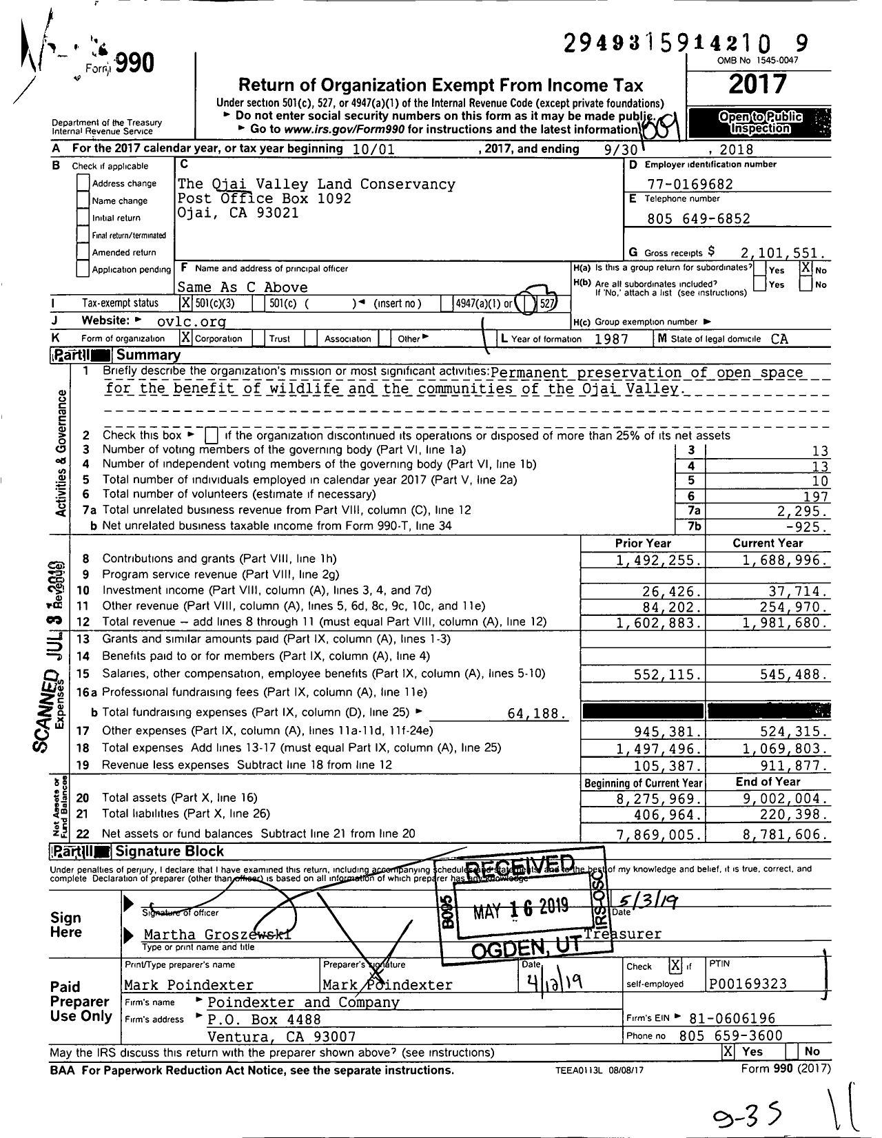 Image of first page of 2017 Form 990 for Ojai Valley Land Conservancy (OVLC)